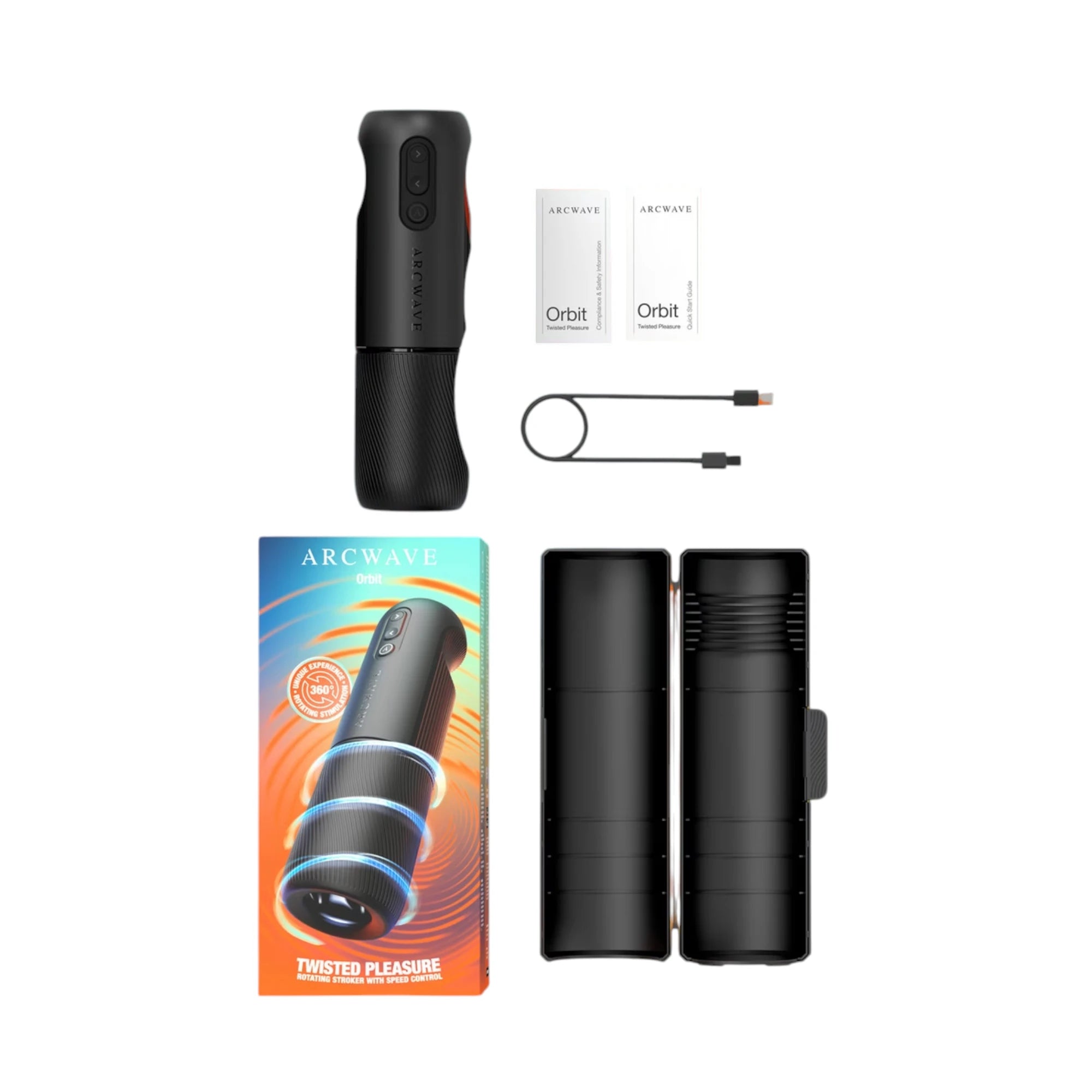 Arcwave Orbit packaging box with gradient blue and orange design and 'Twisted Pleasure' text, displayed with black automatic rotating male masturbator, two instruction packets, USB charging cable, and two black storage cases against white background
