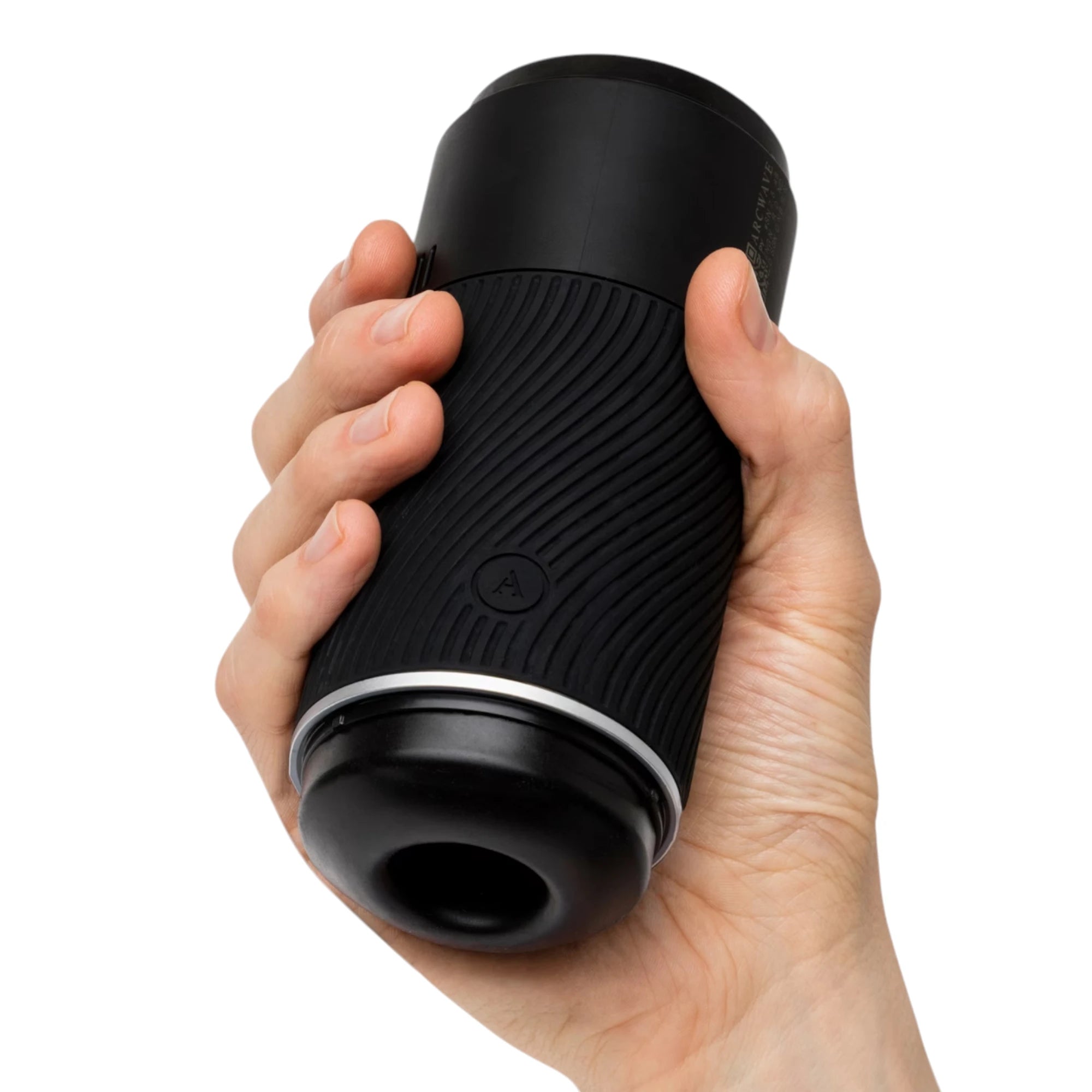 Arcwave Pow black silicone dual-entrance suction control male masturbator held in hand displaying textured grip section, control button, and open entrance against white background
