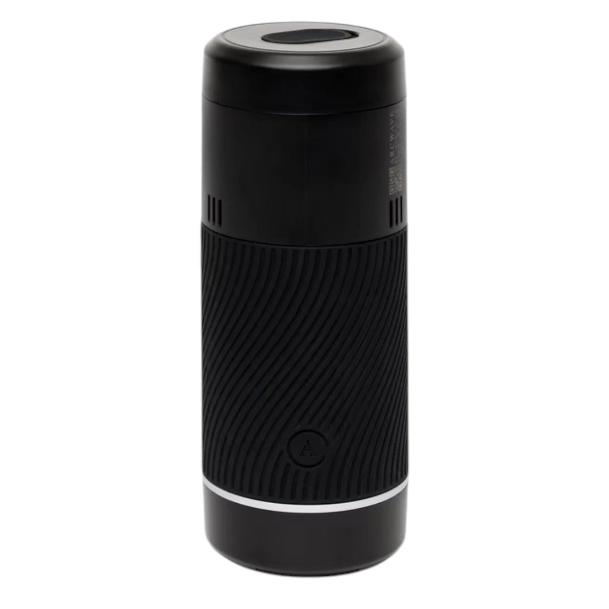 Arcwave Pow black silicone dual-entrance suction control male masturbator shown from front displaying cylindrical body with textured grip section, ventilation slots, and control button against white background