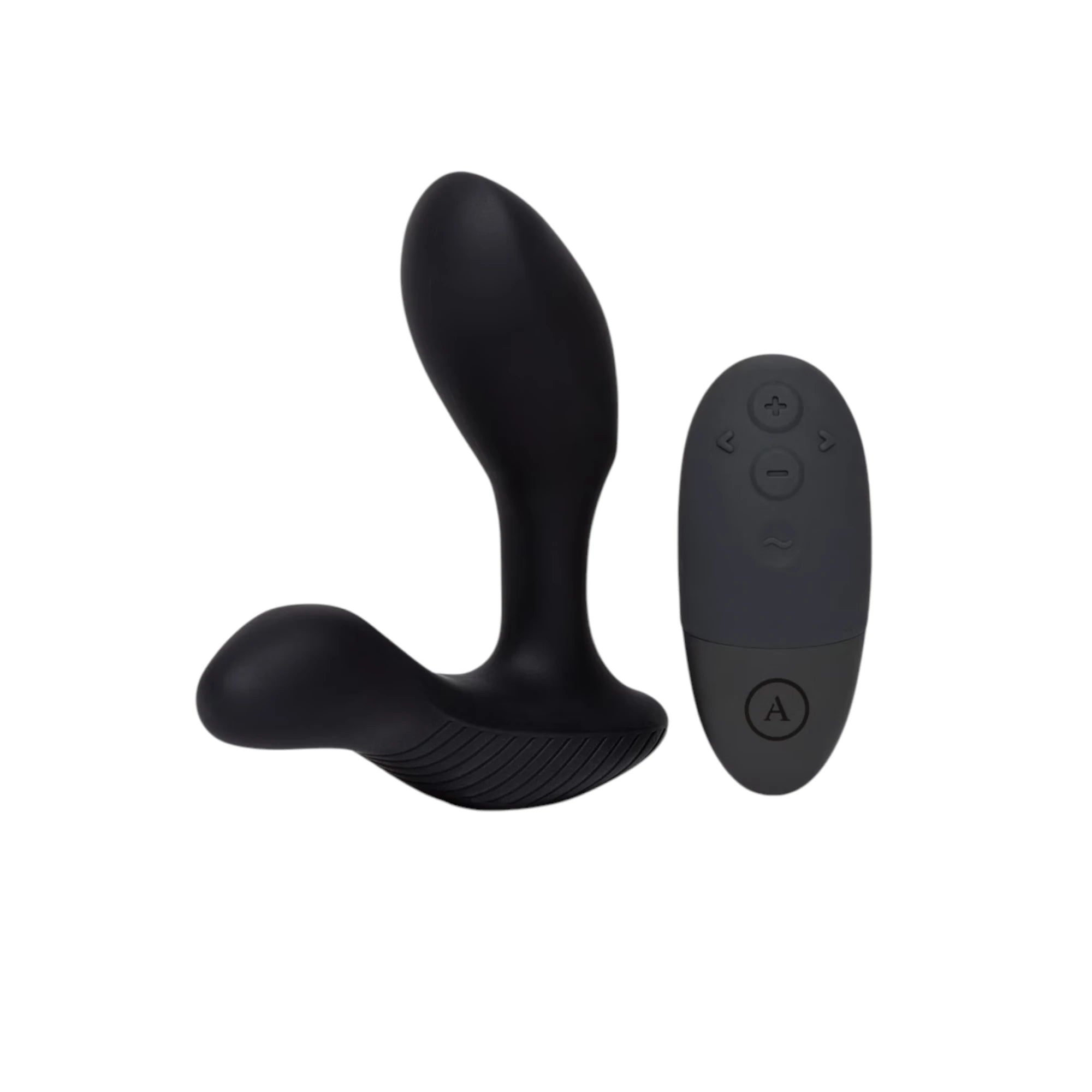 Arcwave Perk black vibrating prostate massager with curved bulbous head and textured base displayed next to black wireless remote control against white background