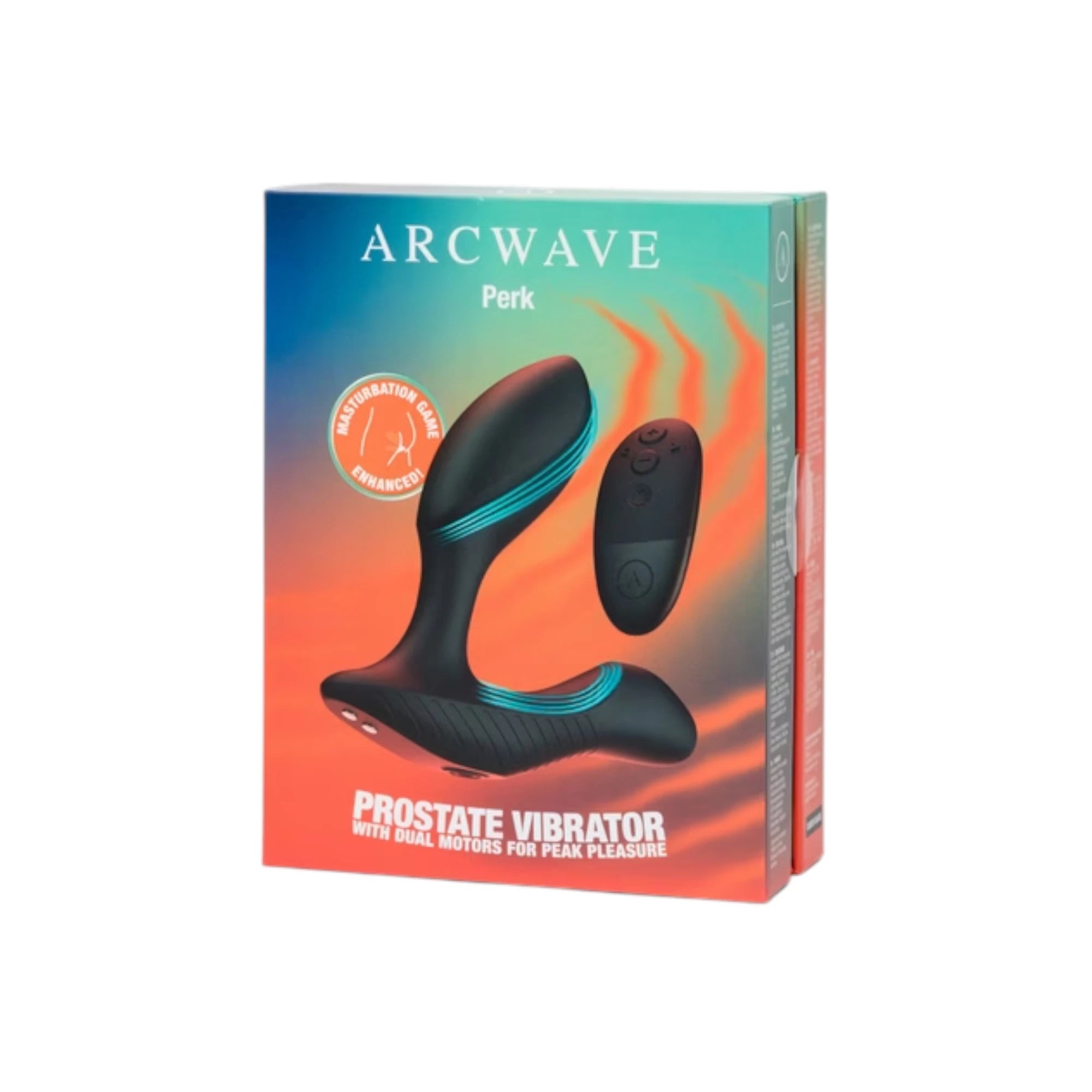 Arcwave Perk packaging box with gradient blue and orange design showing black prostate massager and remote control, with 'Prostate Vibrator' text on front panel against white background