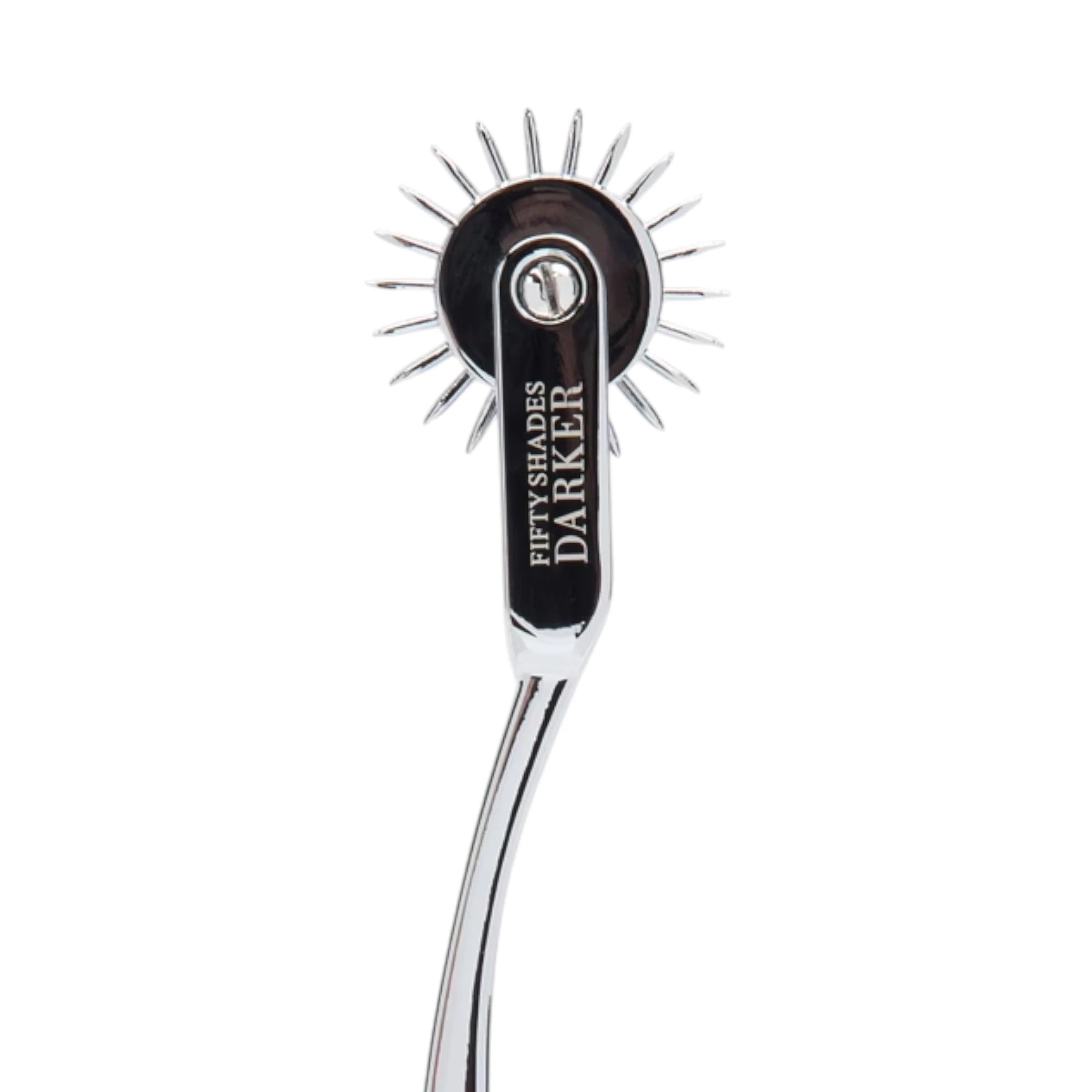  Close-up of the Fifty Shades Darker Adrenaline Spikes metal pinwheel head, showing the spiked rotating wheel and the Fifty Shades Darker branding on the metal handle against a white background
