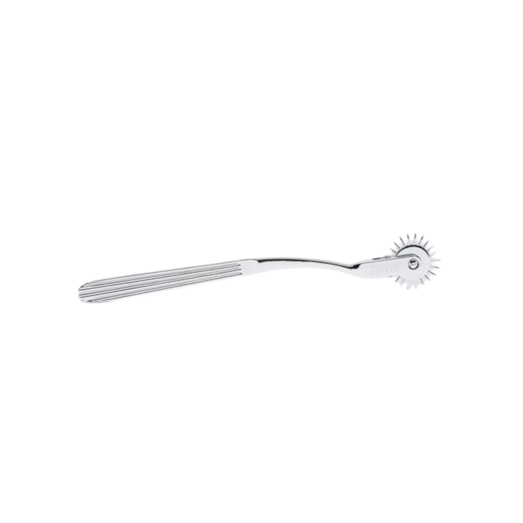 Fifty Shades Darker Adrenaline Spikes metal pinwheel shown side-on, featuring a silver curved handle with ridged grip and a spiked rotating wheel at the tip against a white background.