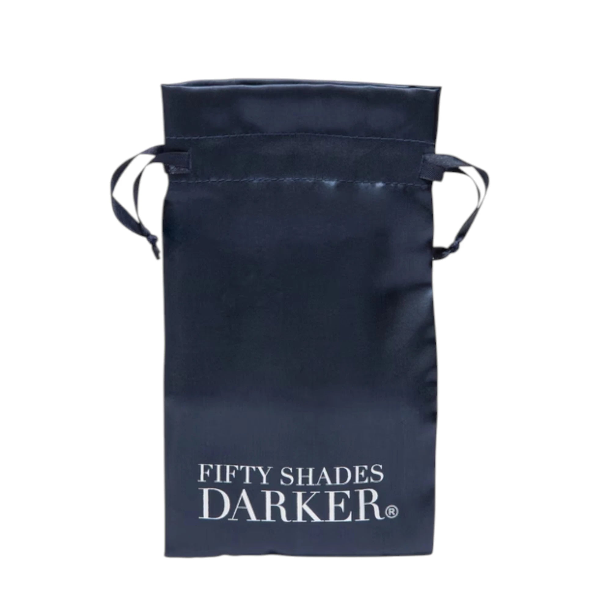 Fifty Shades Darker satin storage pouch in black with drawstring ties, showing the white “Fifty Shades Darker” logo printed on the front against a white background.