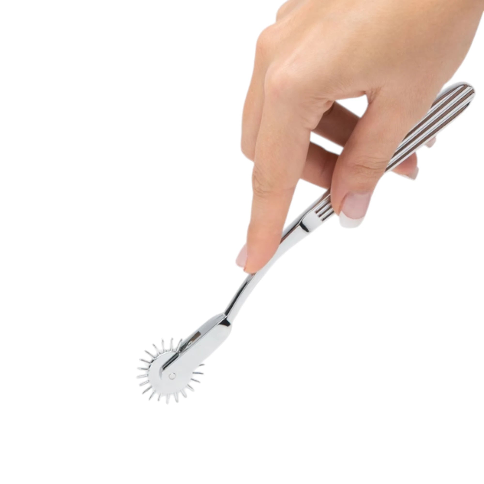  Fifty Shades Darker Adrenaline Spikes metal pinwheel shown held in a hand for size reference, featuring a silver curved handle with ridged grip and a spiked rotating wheel at the tip against a white background.