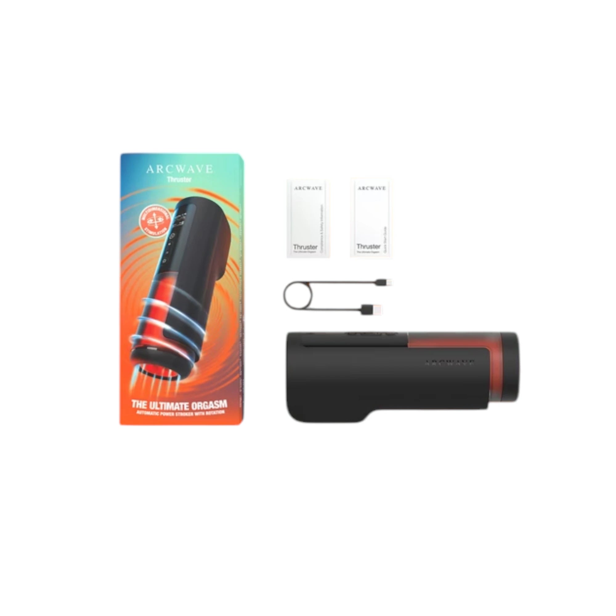 Arcwave Thruster packaging box with gradient blue and orange design and product image, displayed with black masturbator, two instruction packets, and USB charging cable against white background