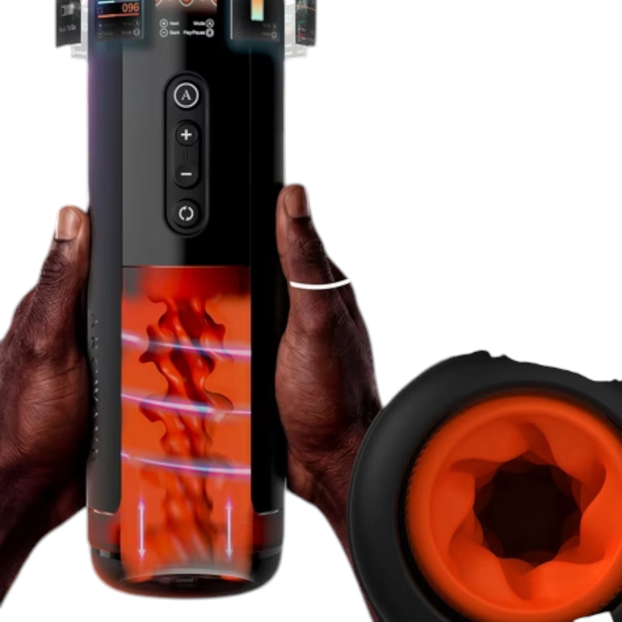 Arcwave Thruster automatic stroking and rotating masturbator in black held in hands displaying control buttons, illuminated red interior with motion visualization, and close-up view of textured opening against white background