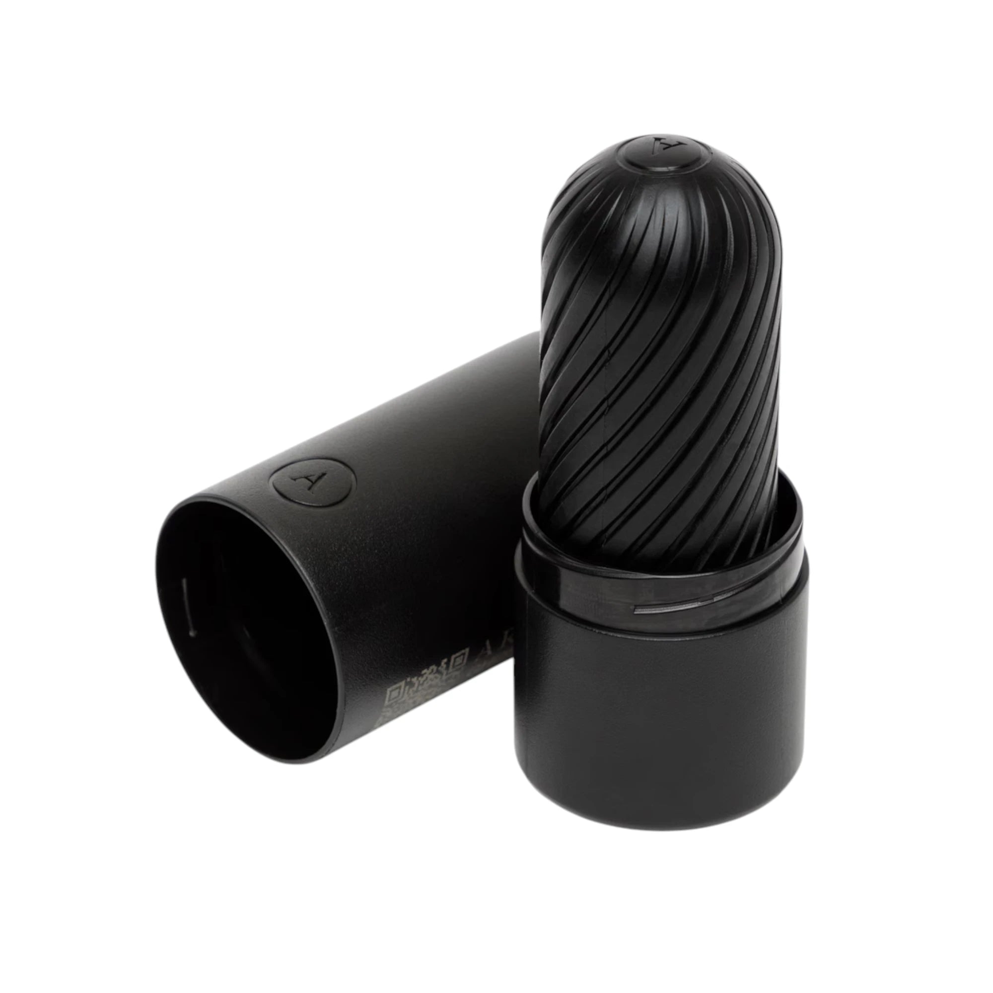 Arcwave Ghost black reversible silicone male stroker shown with textured spiral sleeve inserted into black outer case and removable cap against white background