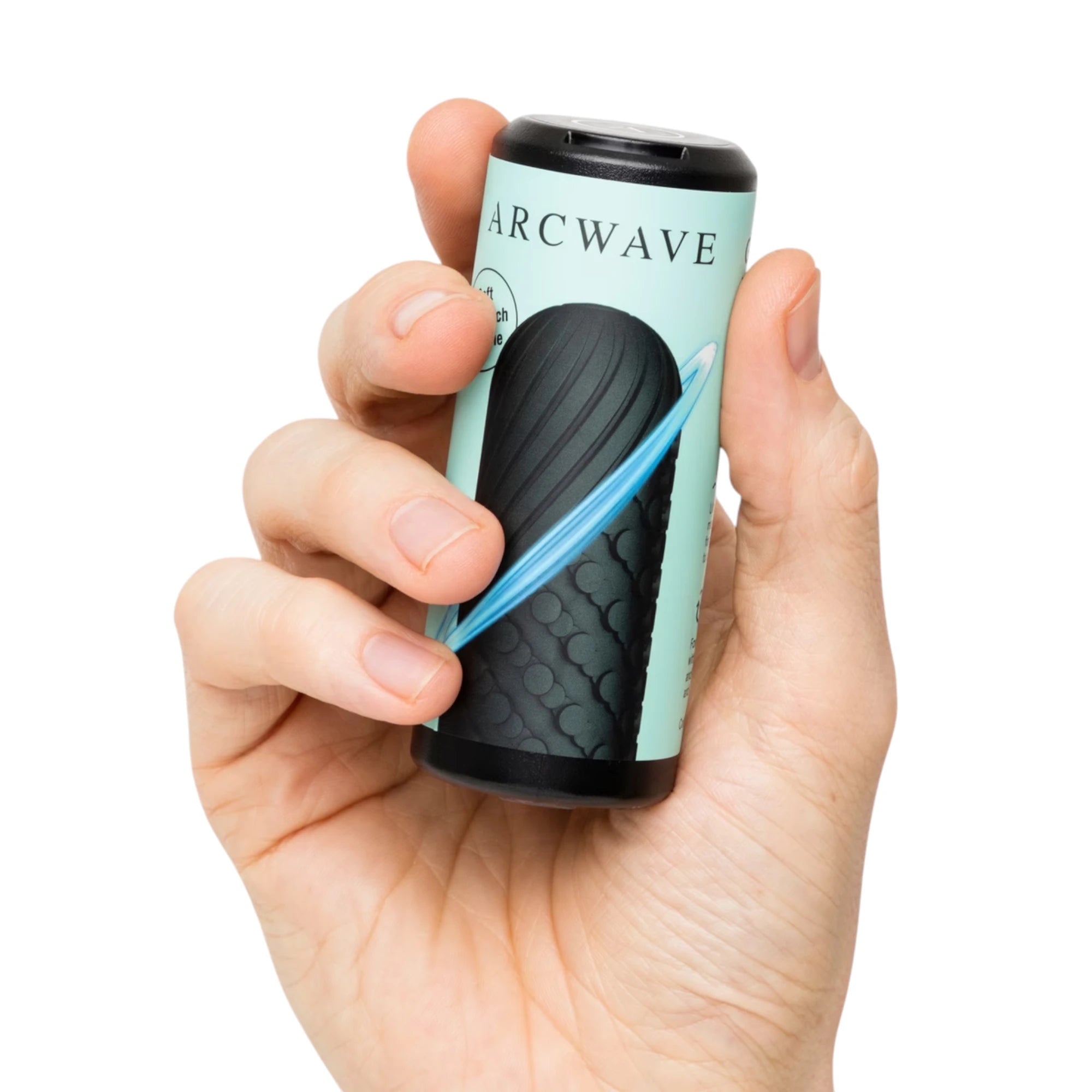 Arcwave Ghost black reversible silicone male stroker with light blue and black packaging held in hand against white background