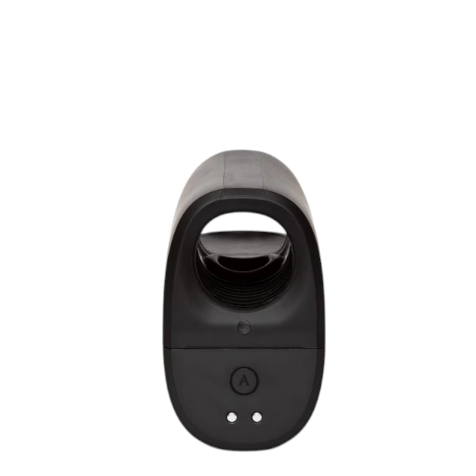 Arcwave Ion 2 black pleasure air male masturbator shown from front displaying rounded body, textured opening with ridged interior, control button, and charging contacts against white background