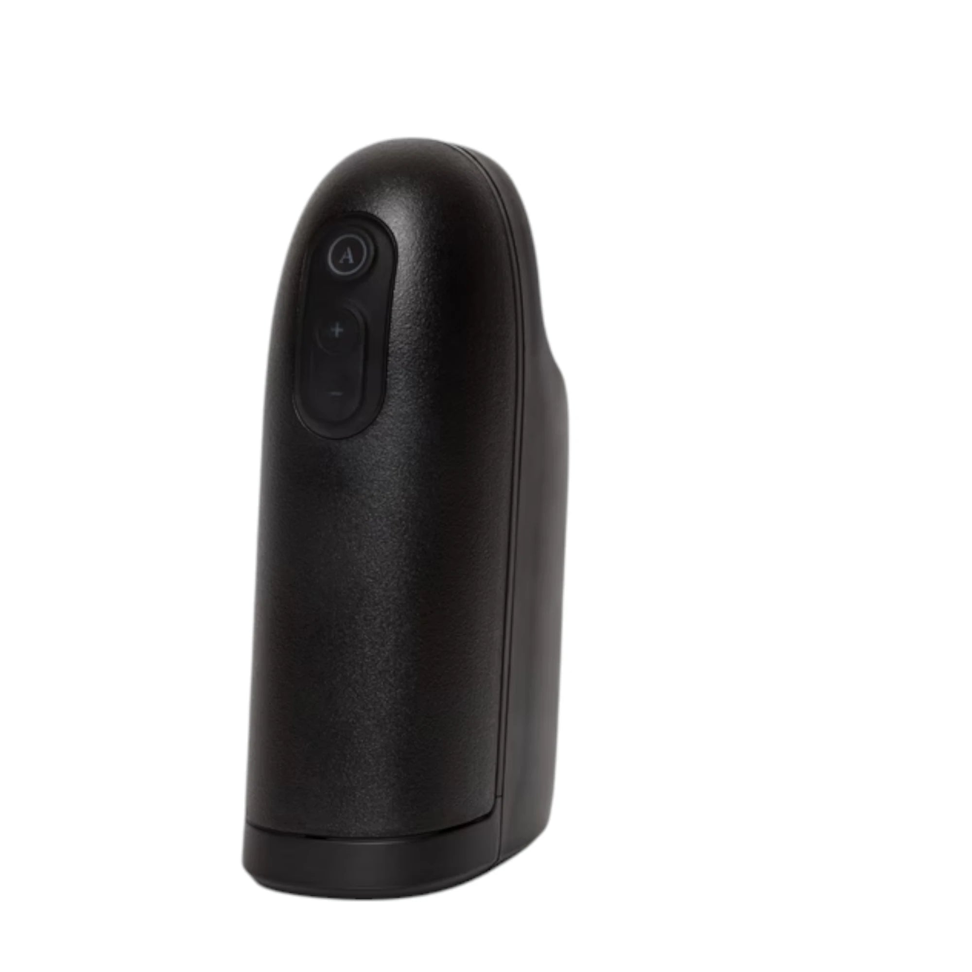 Arcwave Ion 2 black pleasure air male masturbator shown from side angle displaying smooth rounded body, control buttons, and textured seam against white background