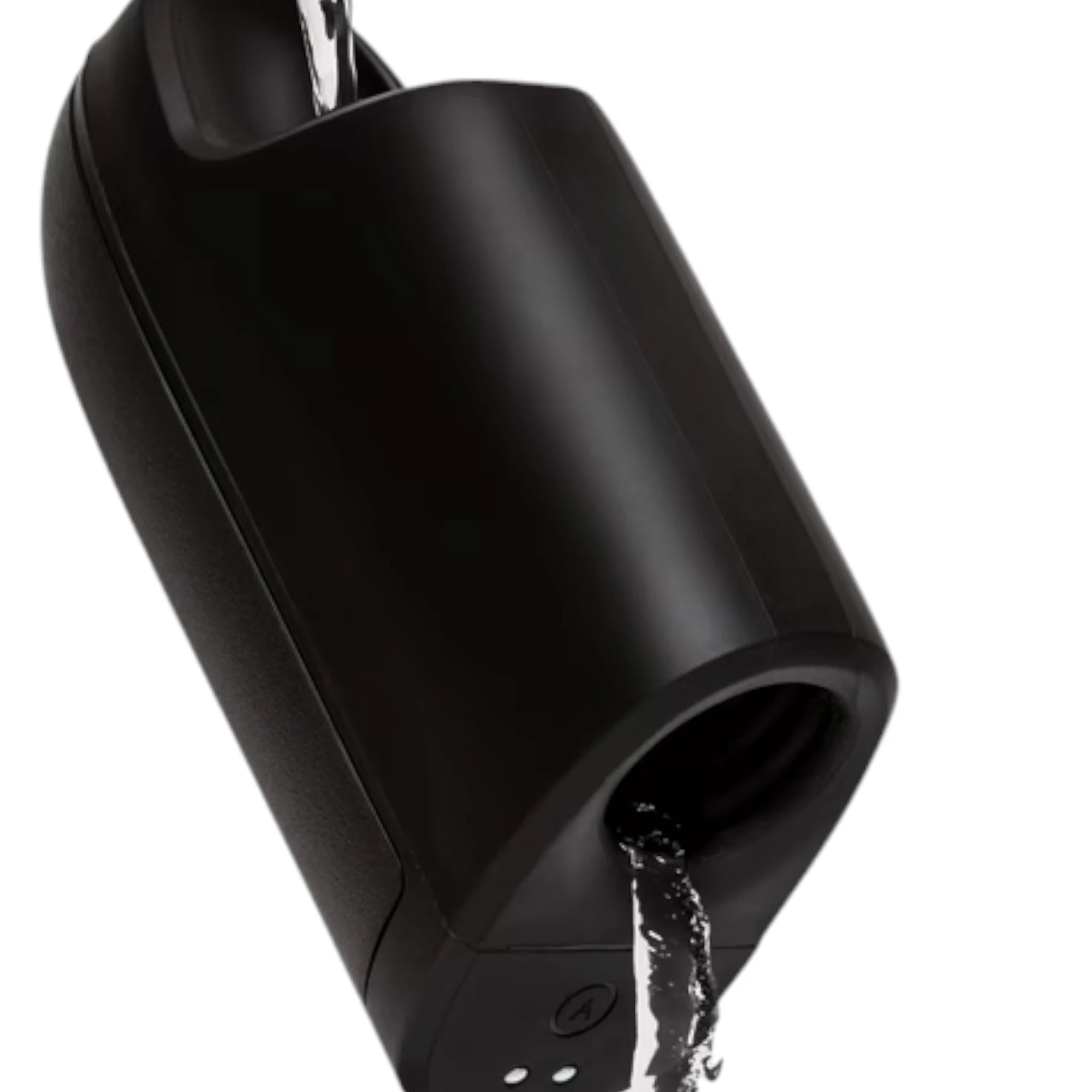 Arcwave Ion 2 black pleasure air male masturbator shown at angle displaying open entrance with water stream flowing from opening against white background