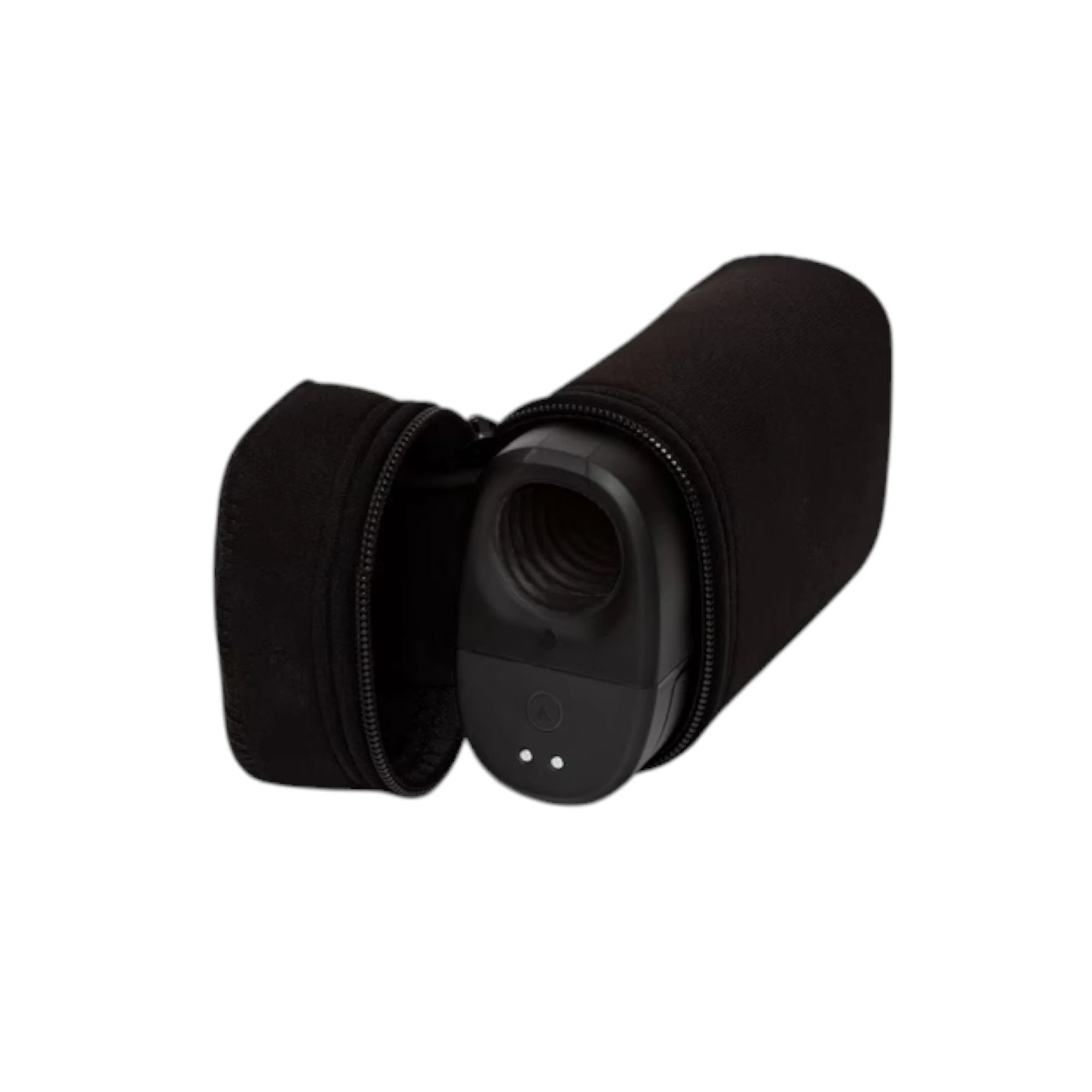 Arcwave Ion 2 black pleasure air male masturbator with black neoprene storage case featuring zipper closure against white background
