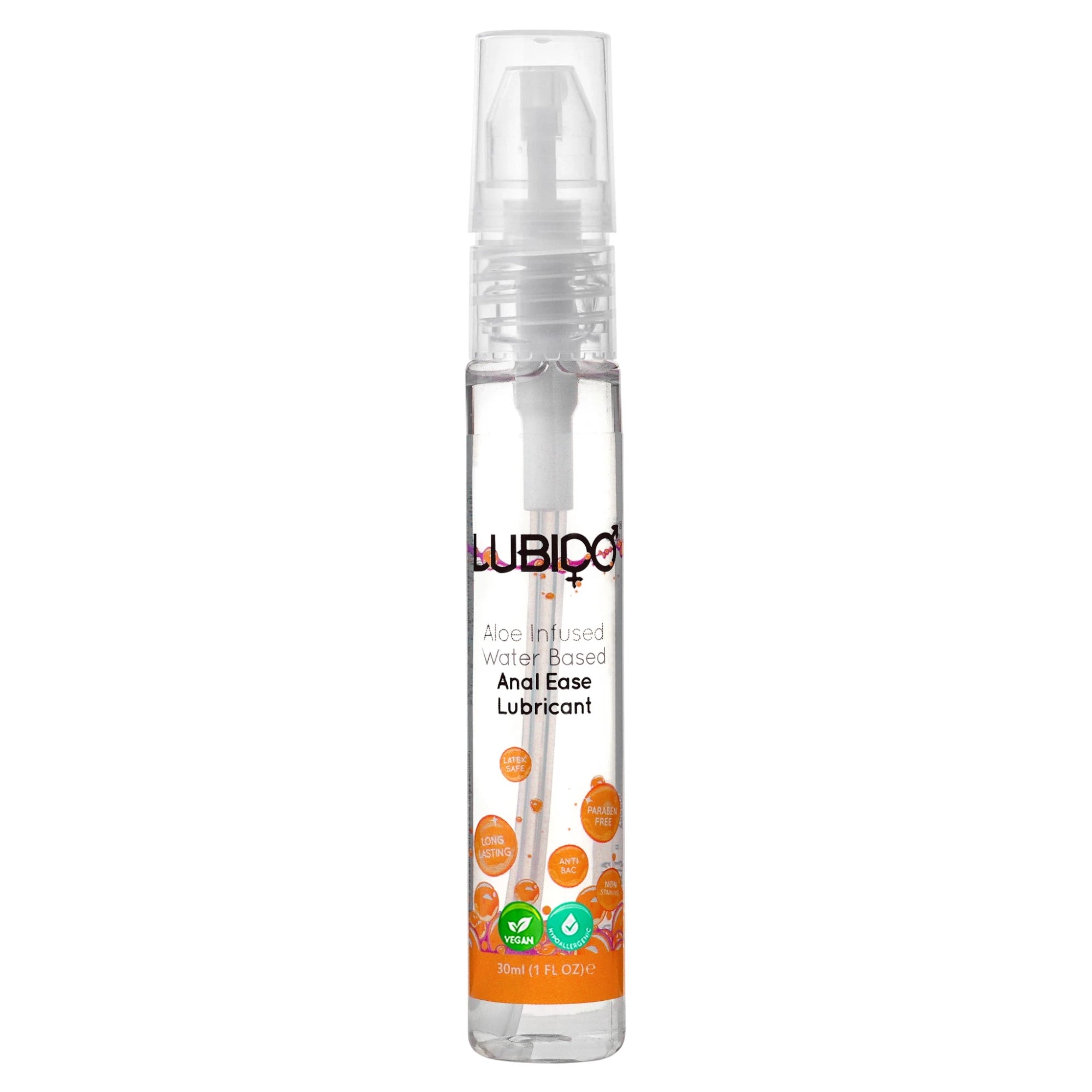 Lubido Anal Ease aloe infused water-based lubricant 30ml travel spray bottle shown from front displaying clear gel formula, white spray nozzle, Lubido branding, 'Aloe Infused Water Based Anal Ease Lubricant' label, 'Body Safe', 'Paraben Free', 'Long Lasting', and 'Anti Itch' badges, vegan and cruelty-free icons, orange gradient design against white background