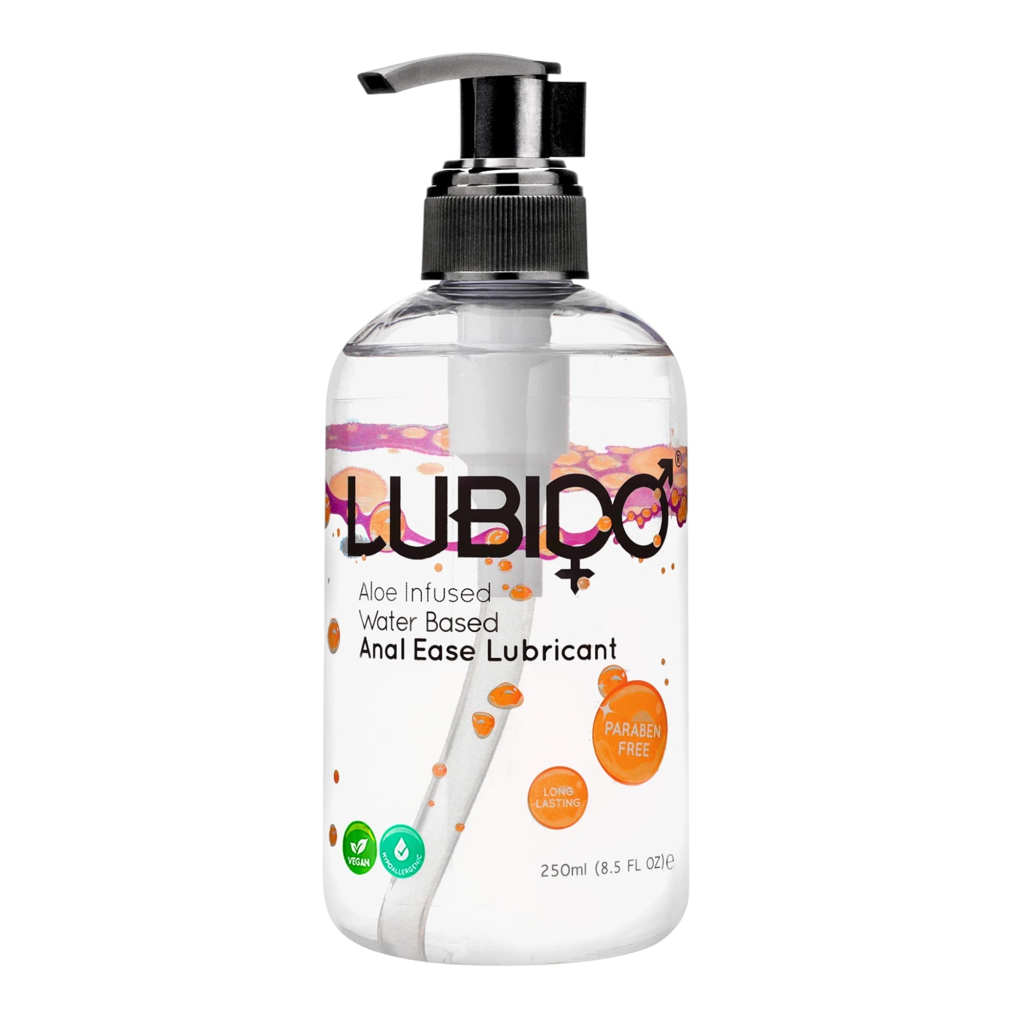 Lubido Anal Ease aloe infused water-based lubricant 250ml pump bottle shown from front displaying clear gel formula, black pump dispenser, Lubido branding, 'Aloe Infused Water Based Anal Ease Lubricant' label, 'Paraben Free' and 'Long Lasting' badges, vegan and cruelty-free icons, and orange bubble design against white background
