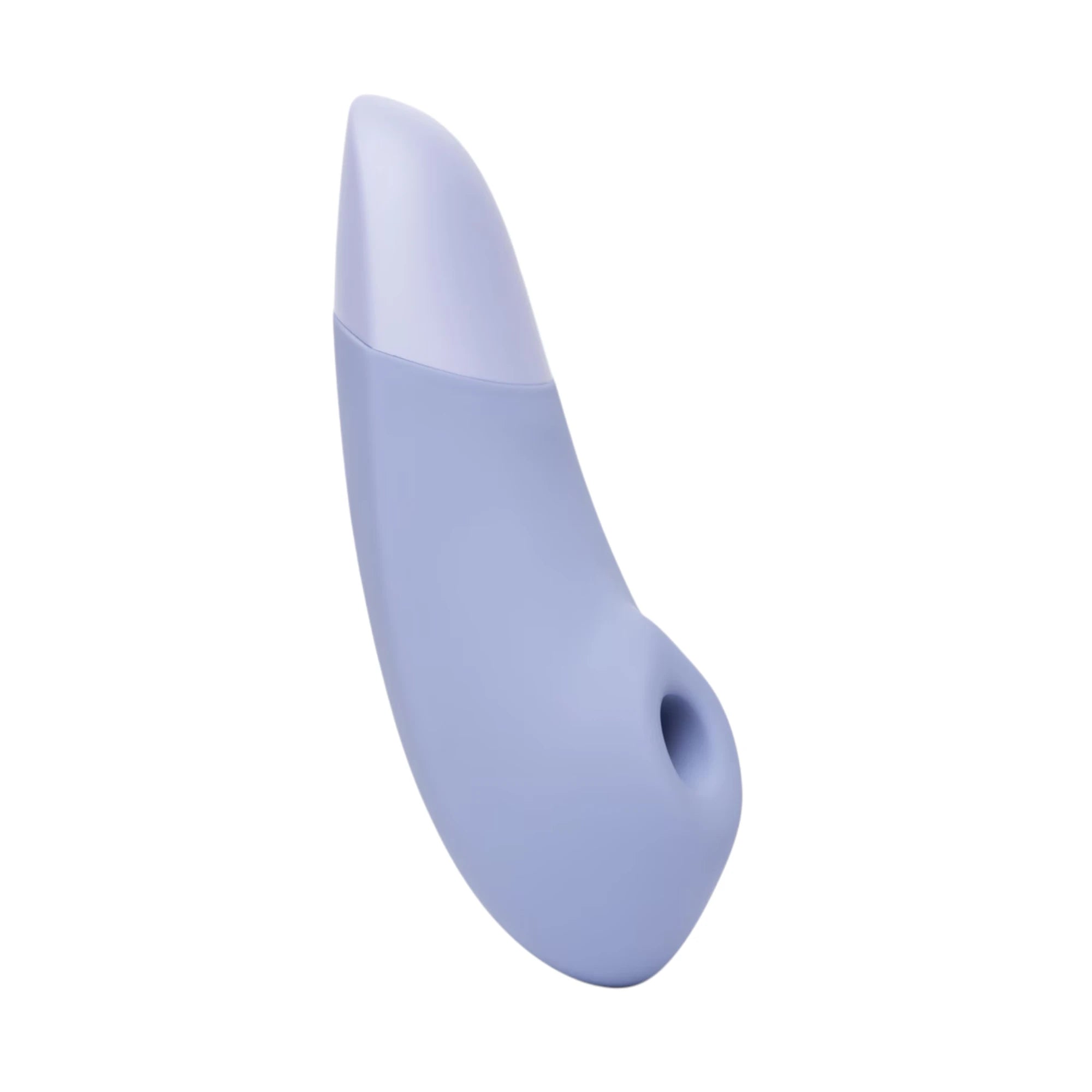 Womanizer Enhance Pleasure Air clitoral vibrator in light purple, shown at an angled side view with a smooth curved body, lighter purple tip section and the Pleasure Air opening visible at the front against a white background