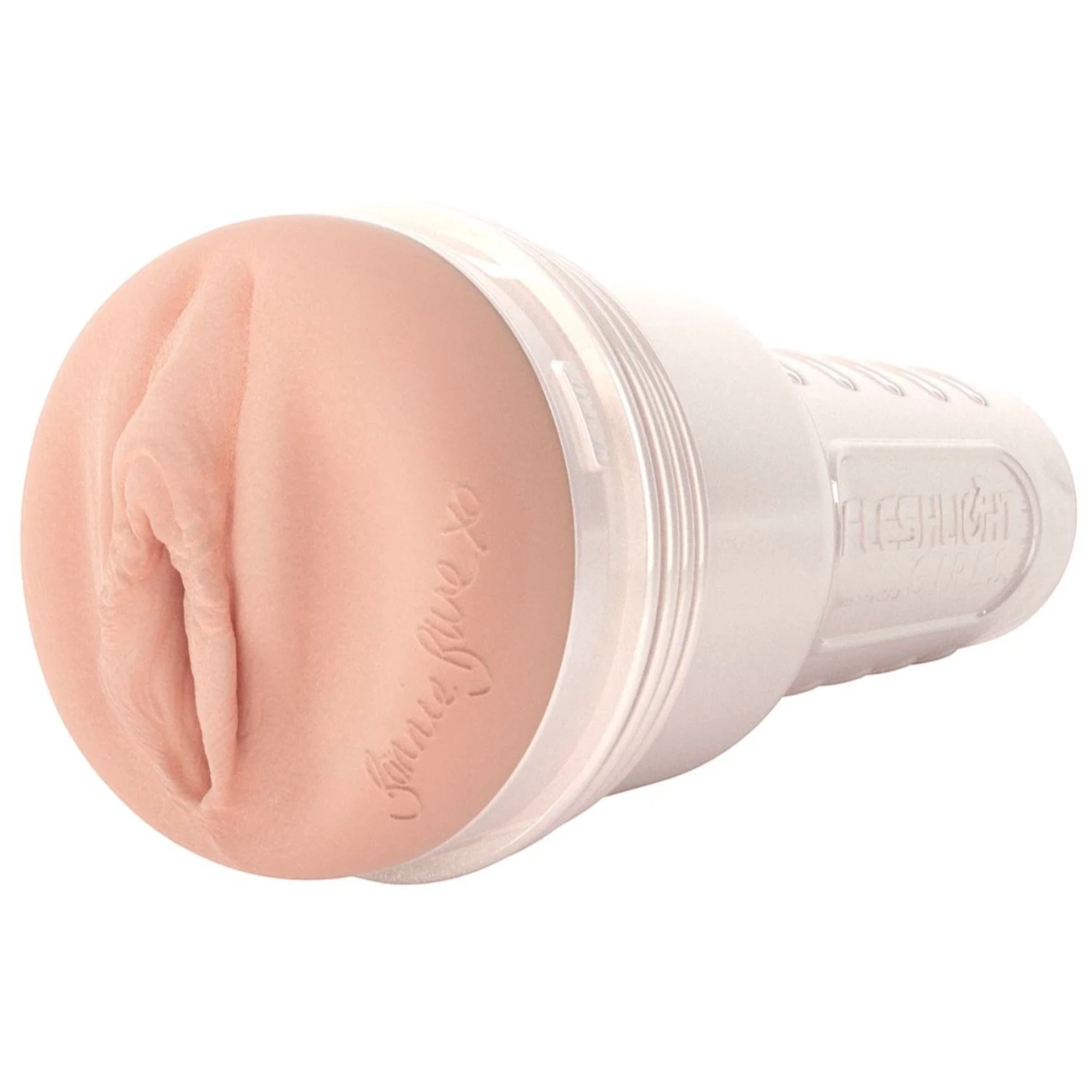  Angled product shot of the Fleshlight Girls Bonnie Blue “Lady Texture” sleeve in a clear outer case, showing the realistic opening detail and the “Bonnie Blue” signature embossed on the sleeve, with Fleshlight branding visible on the white cap.