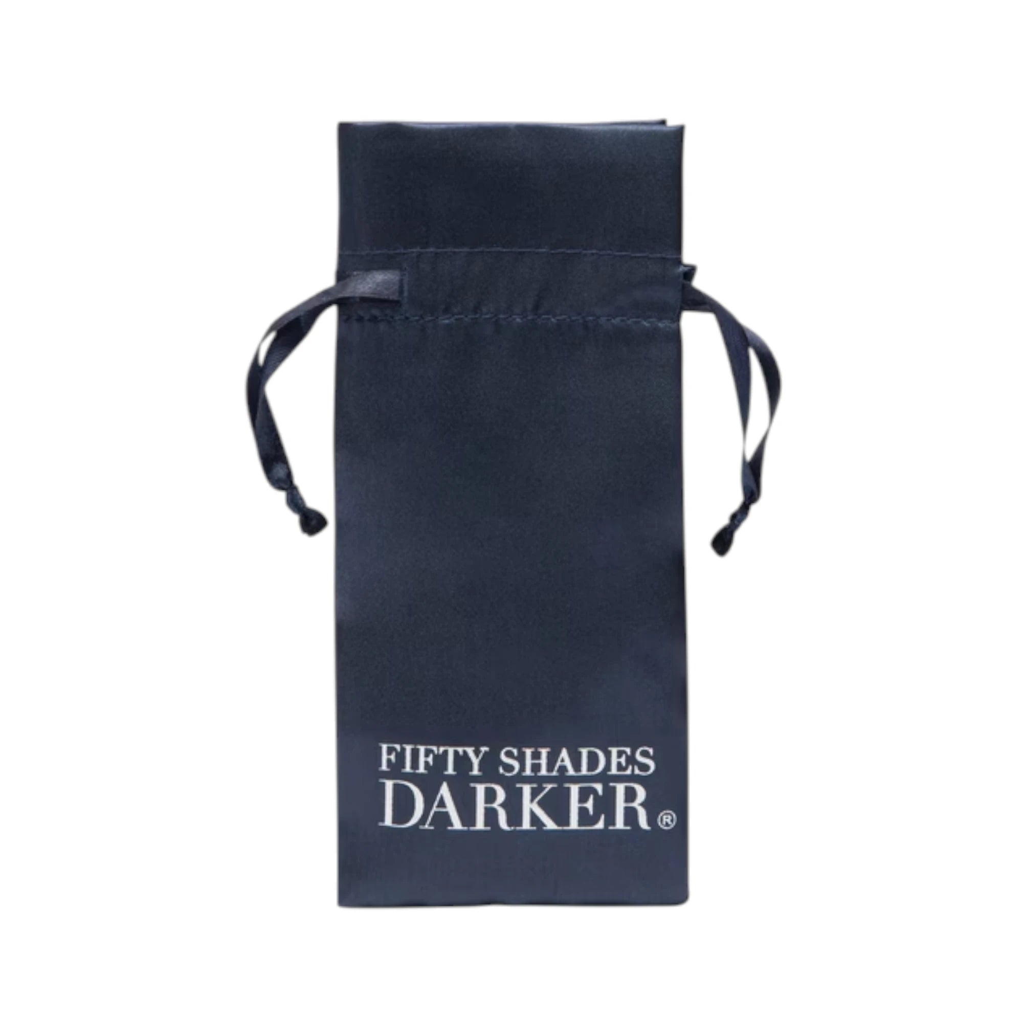 Fifty Shades Darker satin storage pouch in black with drawstring ties, showing the white “Fifty Shades Darker” logo printed on the front against a white background
