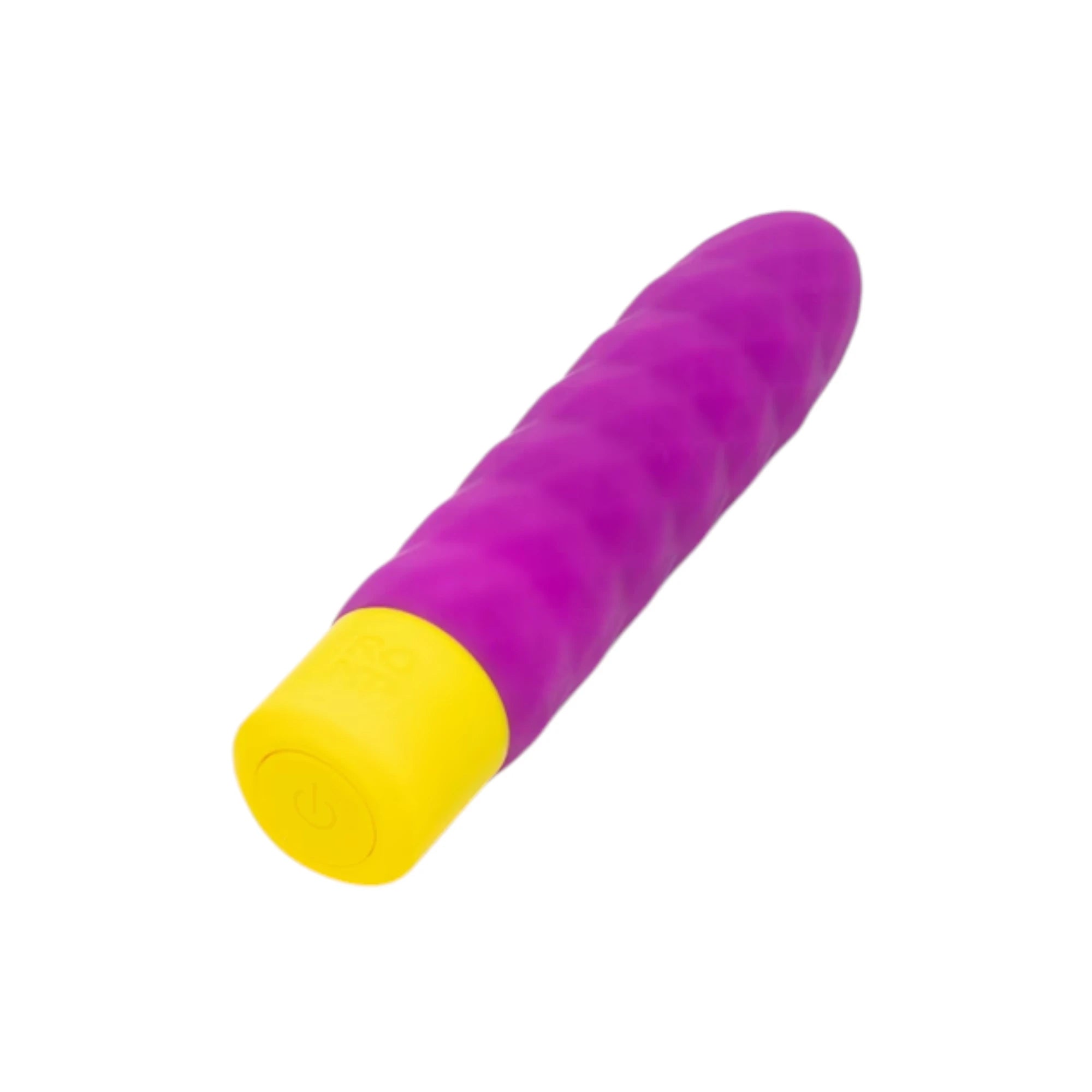 The ROMP Beat rechargeable textured bullet vibrator in purple silicone with a ribbed rounded shaft and a yellow base with a circular power button, shown on a plain white background