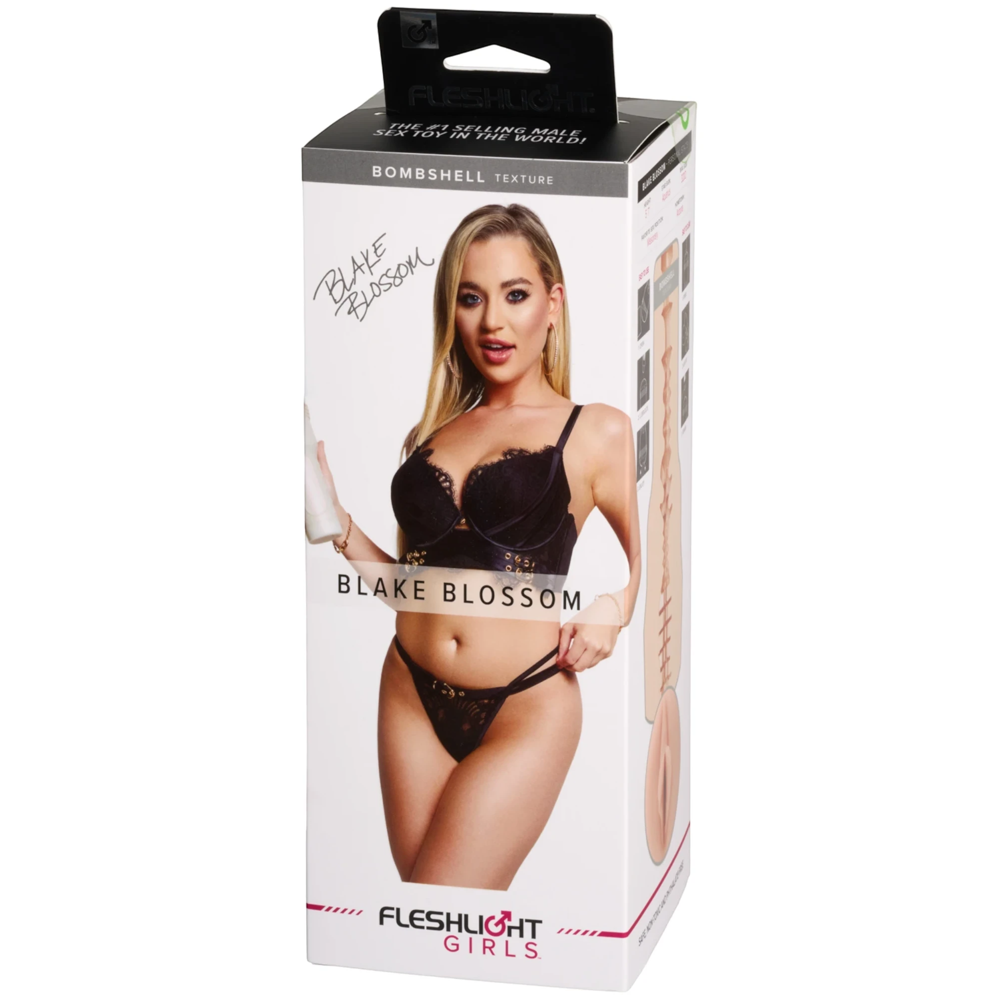 Fleshlight Girls Blake Blossom Bombshell Texture packaging box with grey header, white body featuring Blake Blossom portrait and signature, product texture details on right side, and Fleshlight Girls branding with pink accents against white background