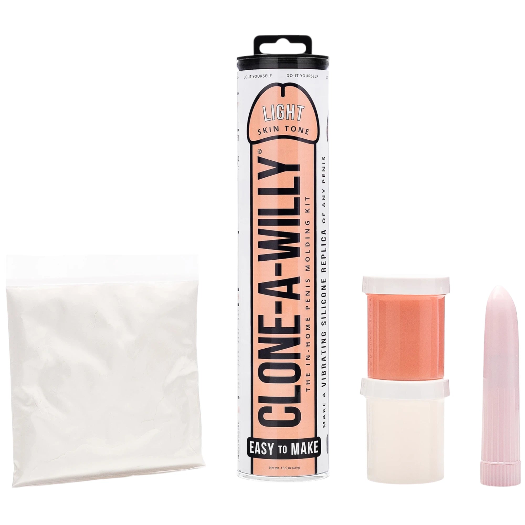 Clone-A-Willy penis moulding kit in light skin tone displayed with packaging tube, white moulding powder bag, two mixing containers, and pink bullet vibrator insert against white background