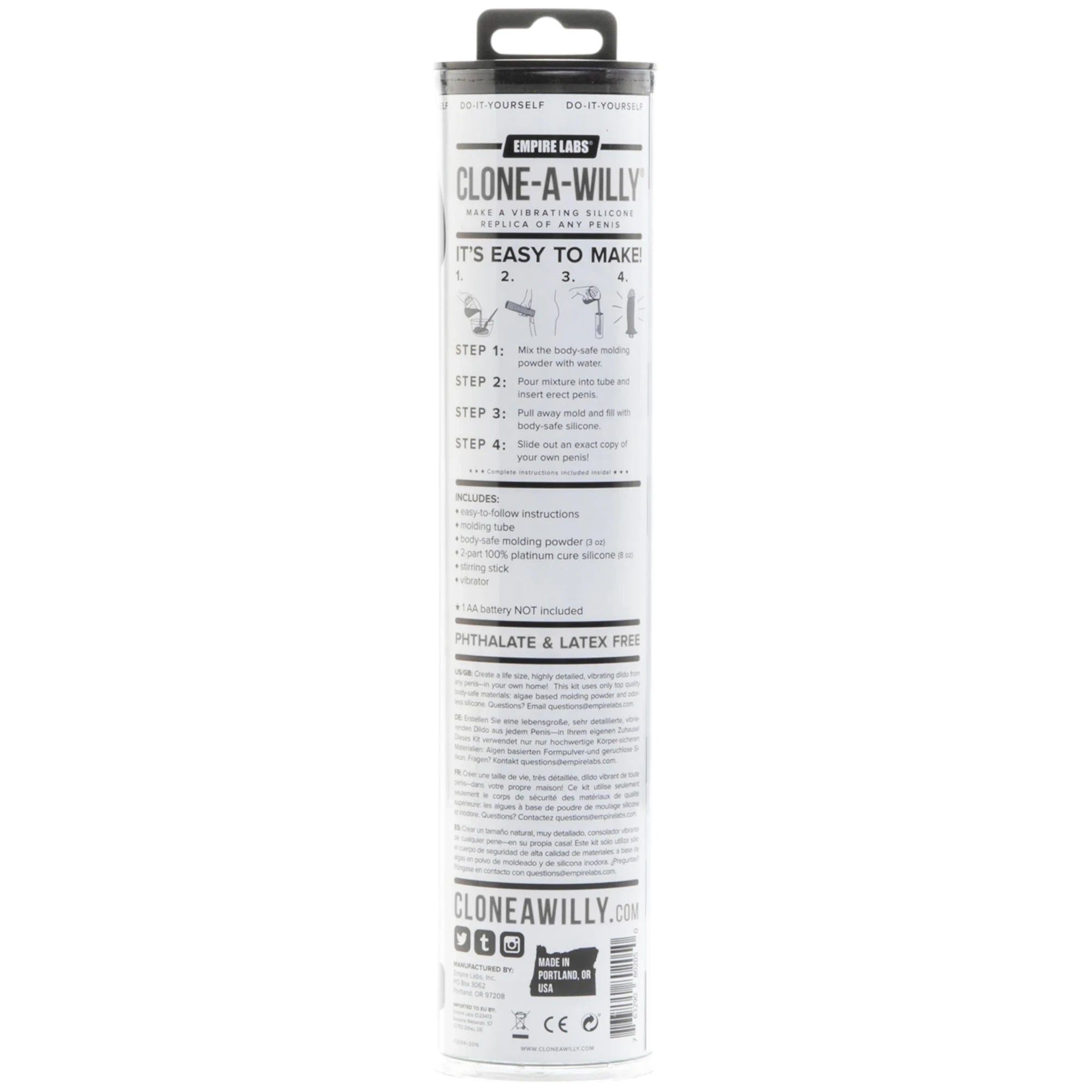 Clone-A-Willy penis moulding kit packaging tube shown from back displaying step-by-step instructions, contents list, and product information against white background