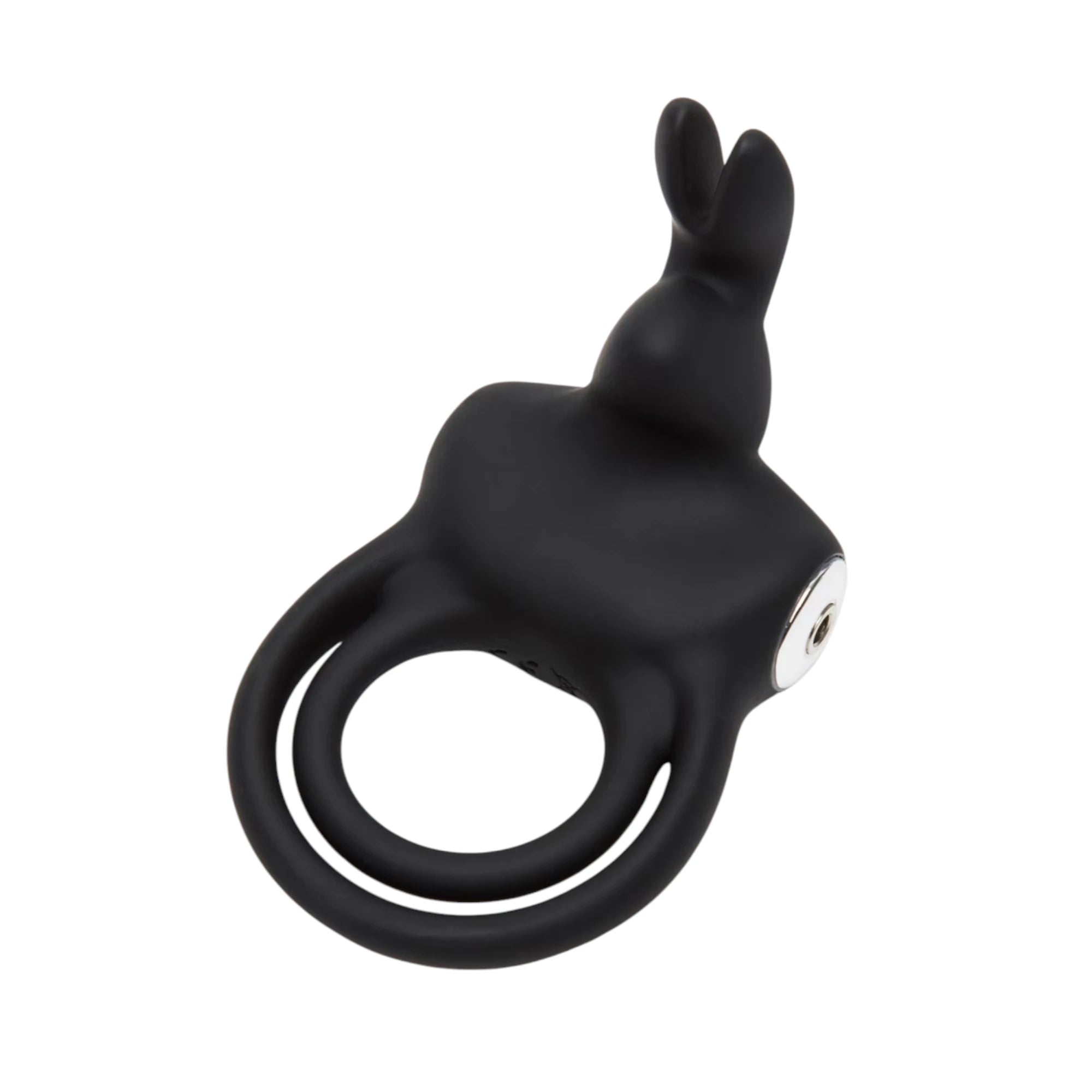 Happy Rabbit stimulating rabbit cock ring in black silicone shown from front displaying dual rabbit ear stimulators, flexible ring base, and control button against white background
