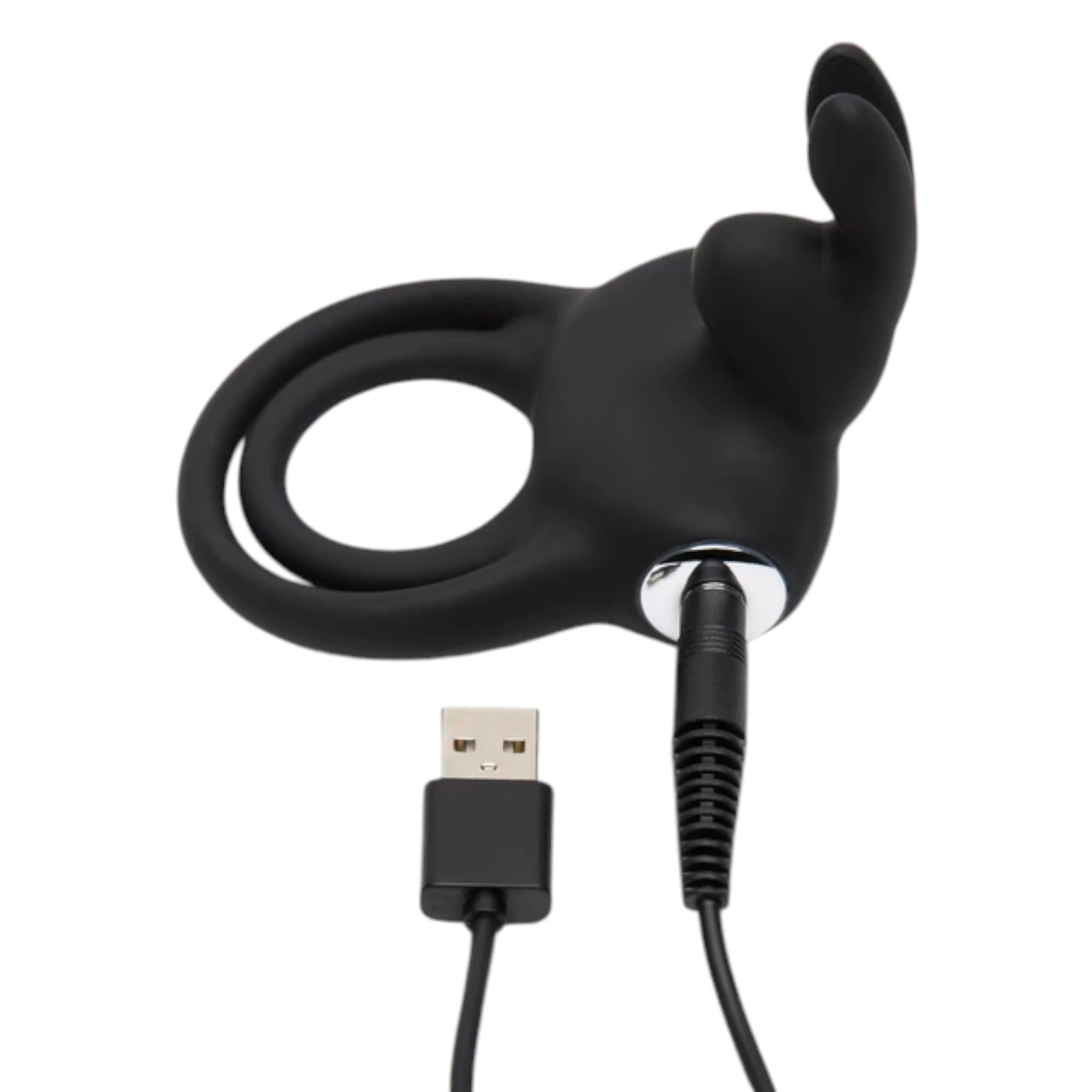 Happy Rabbit stimulating rabbit cock ring in black silicone displayed with USB charging cable and control wand against white background