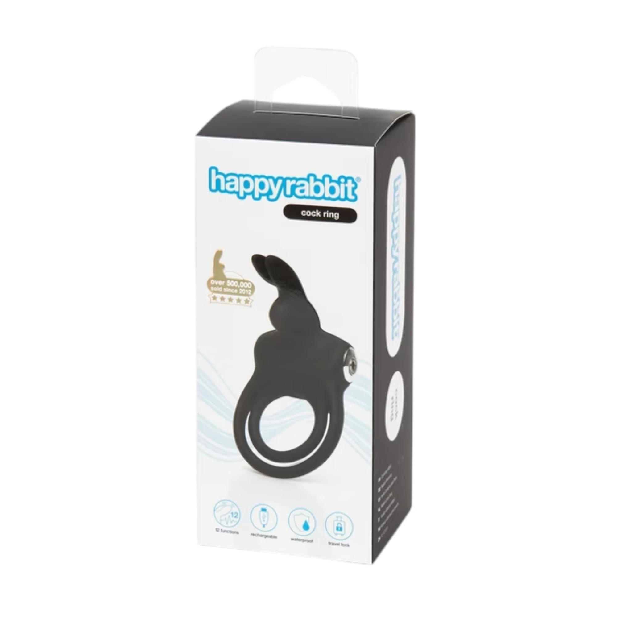Happy Rabbit stimulating rabbit cock ring packaging box in white and black with product image, gold award seal, and feature icons for 12 functions, rechargeable, waterproof, and travel lock against white background