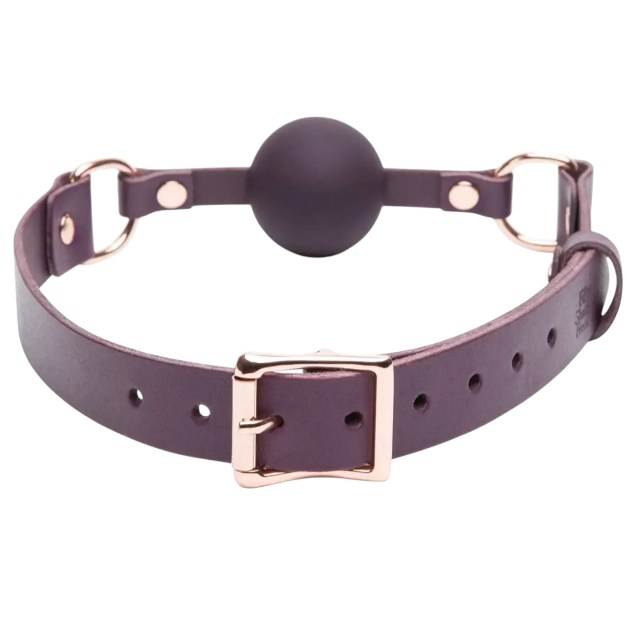 Front view of the Fifty Shades Freed Cherished Collection leather ball gag, showing the purple adjustable strap with rose-gold buckle and metal rings, plus the dark silicone ball centred on the strap against a white background.