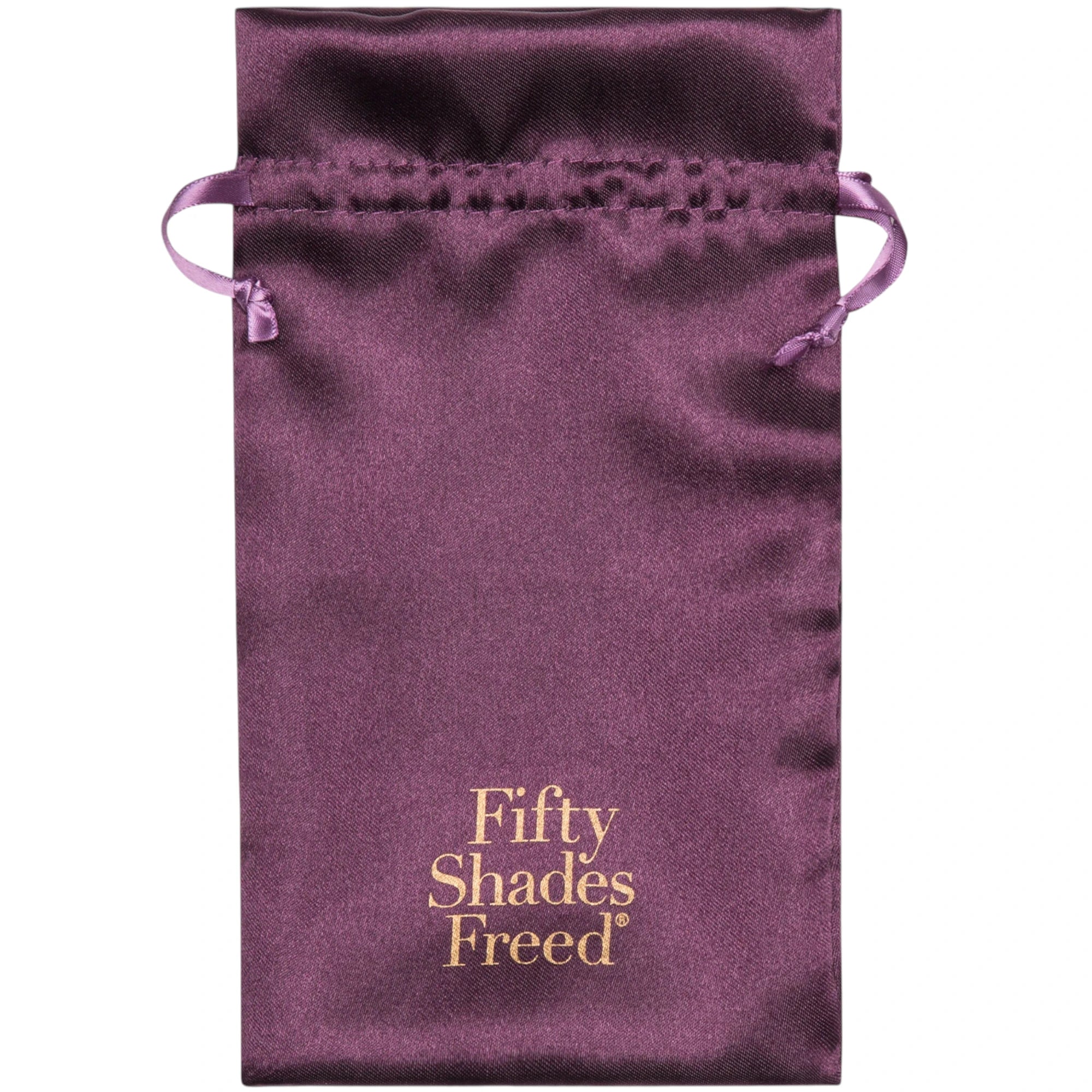 Fifty Shades Freed satin storage pouch in purple with drawstring ties, showing the gold “Fifty Shades Freed” logo printed on the front against a white background.