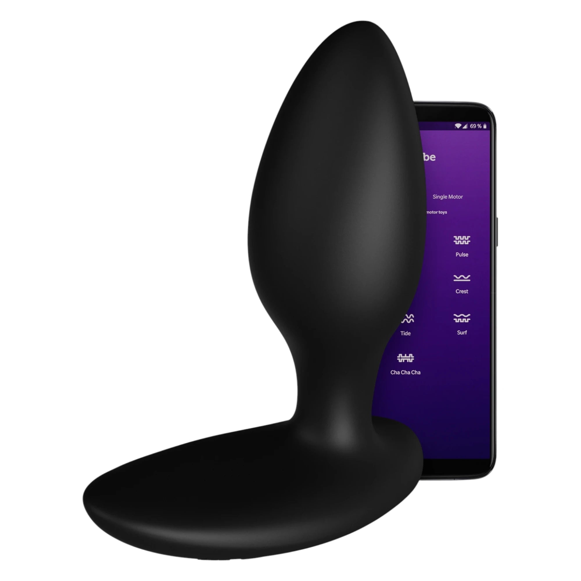 We-Vibe Ditto+ black vibrating butt plug with smartphone app screen against white background