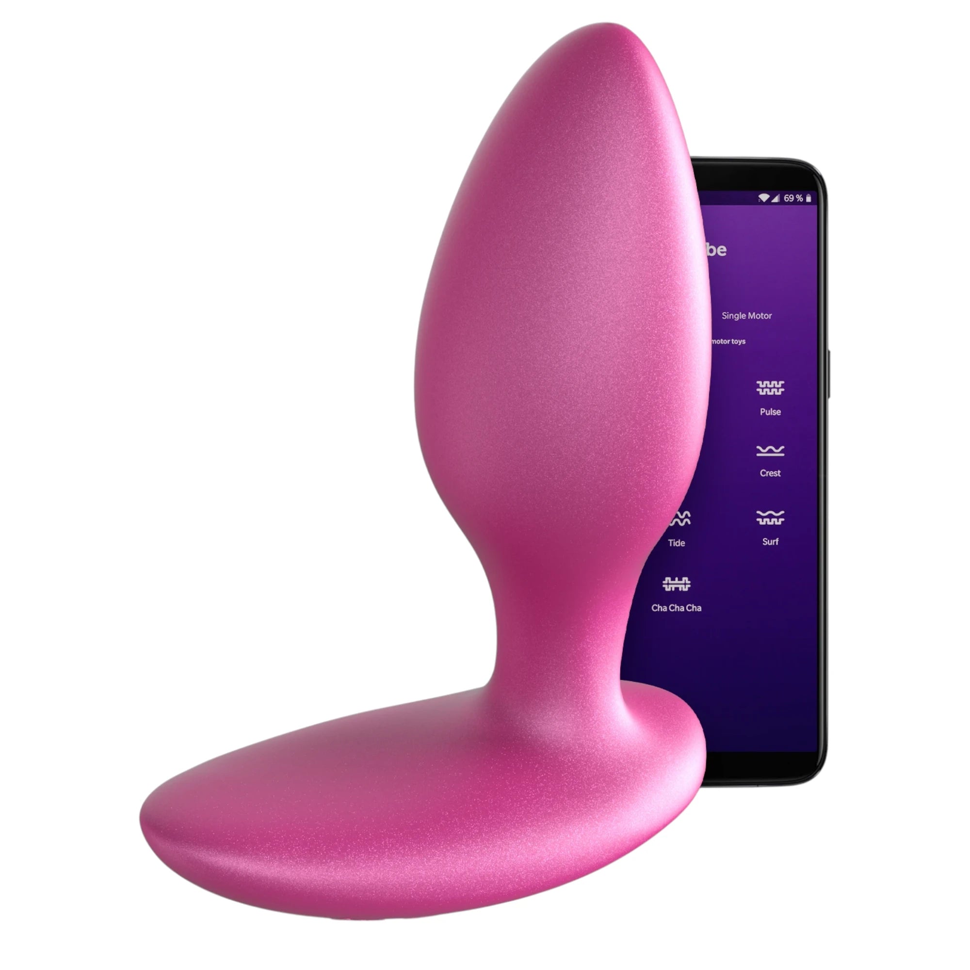 We-Vibe Ditto+ pink vibrating butt plug with smartphone app screen against white background