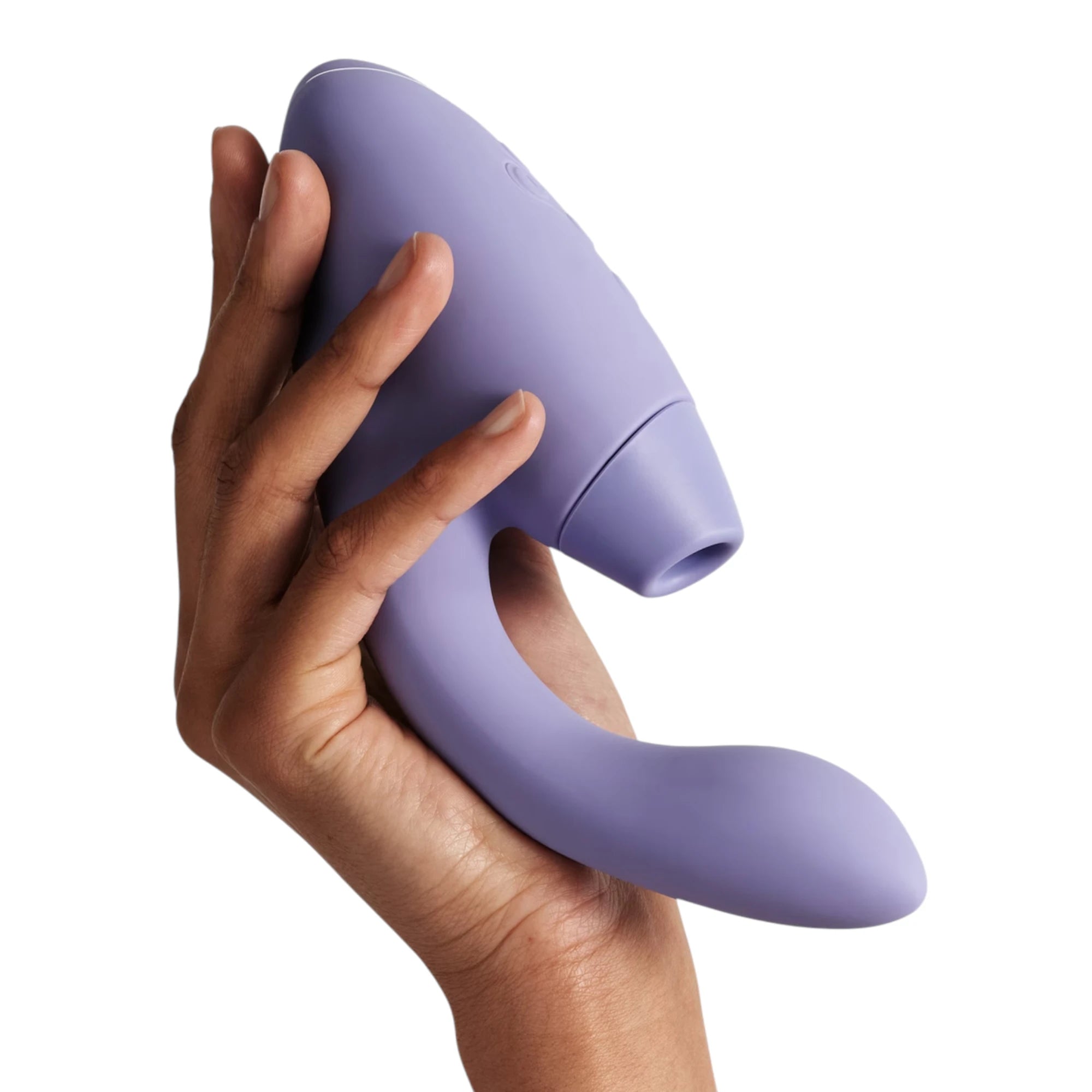 Womanizer Duo 2 lavender silicone G-spot and clitoral stimulator held in hand against white background