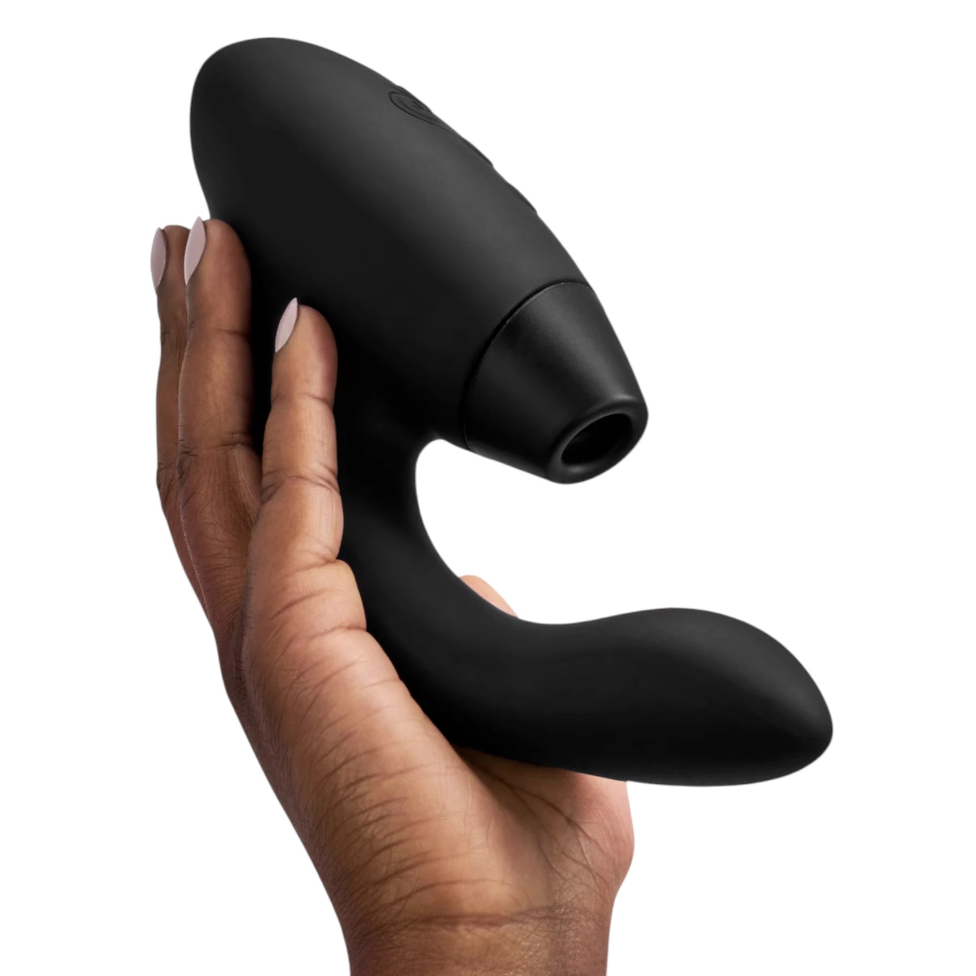 Womanizer Duo 2 black silicone G-spot and clitoral stimulator held in hand against white background