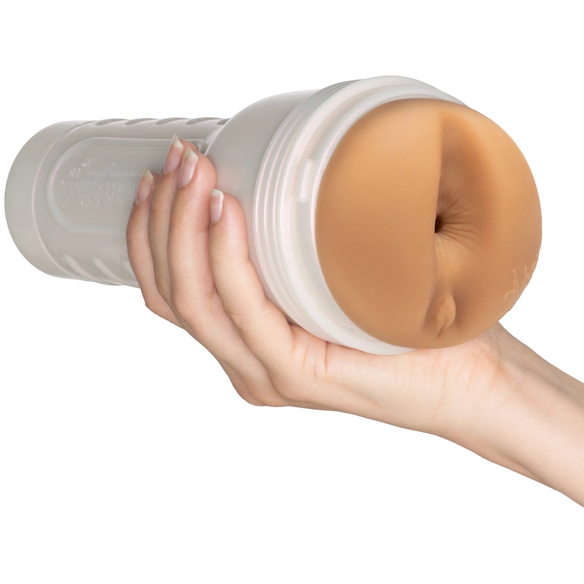 Fleshlight Girls Butt Autumn Falls Peaches Texture stroker toy held in hand displaying white cylindrical case with ribbed grip and textured internal anal sleeve visible against white background