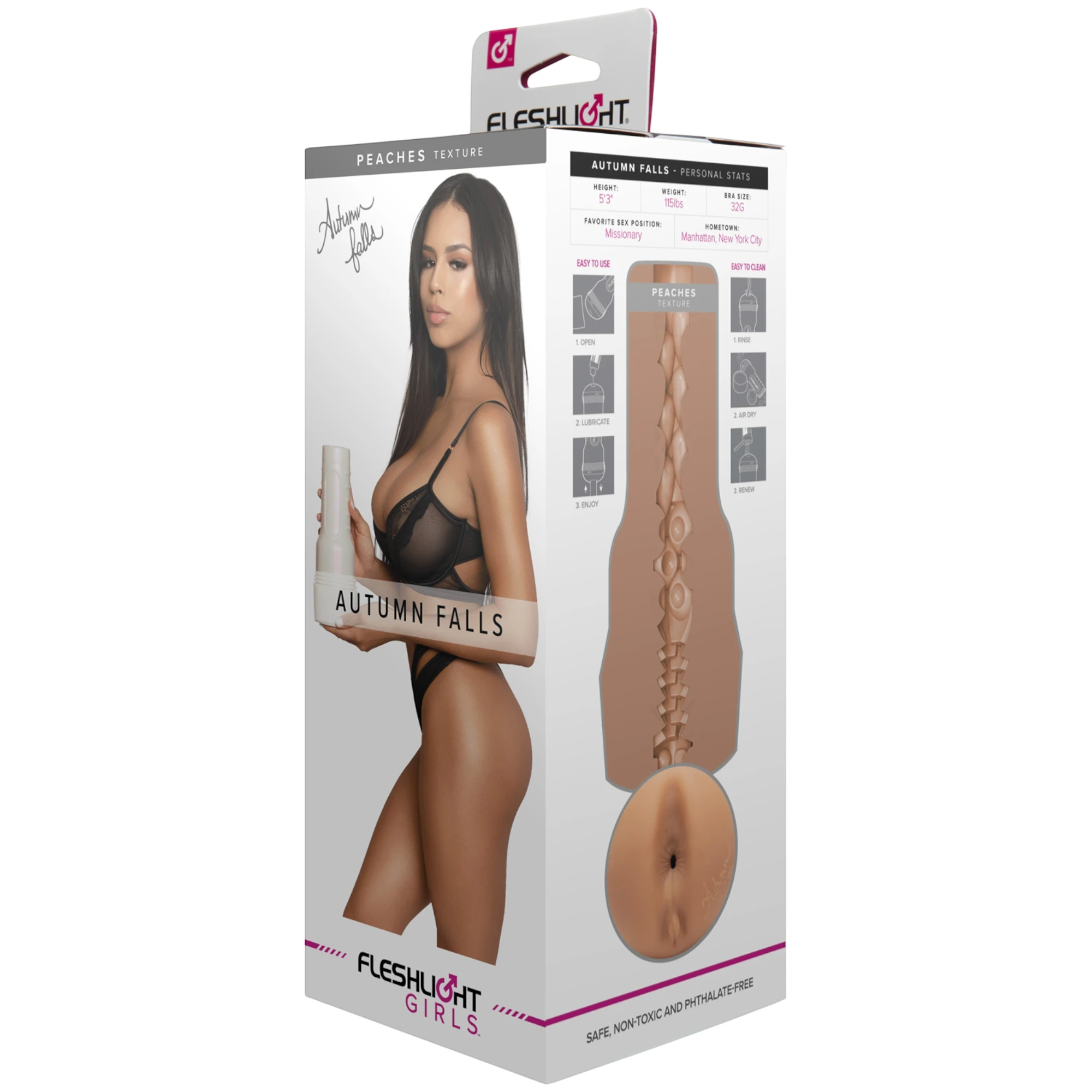 Fleshlight Girls Butt Autumn Falls Peaches Texture packaging box with grey header, white body featuring Autumn Falls portrait and signature, product texture details on right side with personal stats, and Fleshlight Girls branding with pink accents against white background