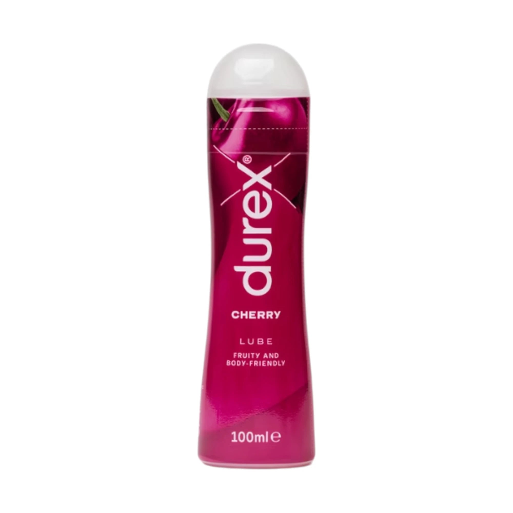 Durex Play Cherry water-based lubricant 100ml bottle shown from front displaying white flip-top cap, deep pink gel formula, Durex branding, 'Cherry Lube' label, 'Fruity and Body-Friendly' text, and cherry leaf imagery against white background