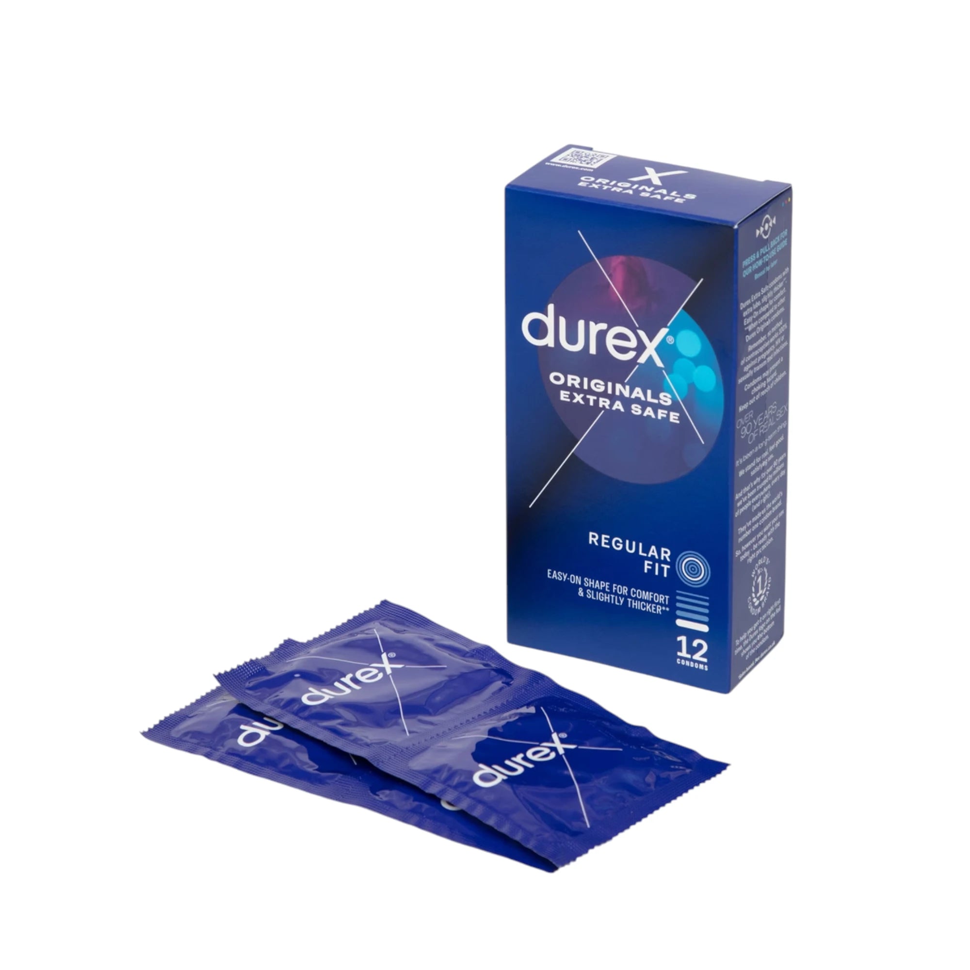 Durex Extra Safe latex condoms packaging box shown from front displaying 'Originals Extra Safe' label, 'Regular Fit' designation, 'Easy-On Shape & Slightly Thicker' text, Durex branding, '12 condoms' count, dark blue design, displayed with individual foil-wrapped condom packets against white background