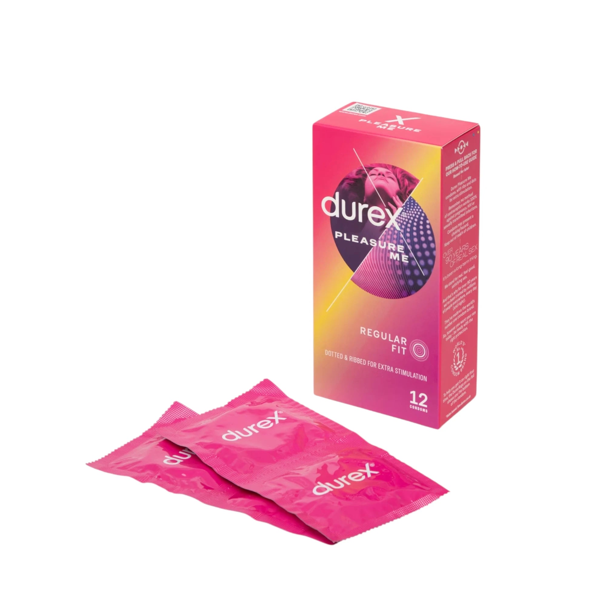 Durex Pleasure Me latex condoms packaging box shown from front displaying 'Pleasure Me' label, 'Regular Fit' designation, 'Dotted & Ribbed for Extra Stimulation' text, Durex branding, '12 condoms' count, pink and yellow gradient design, displayed with individual hot pink foil-wrapped condom packets against white background