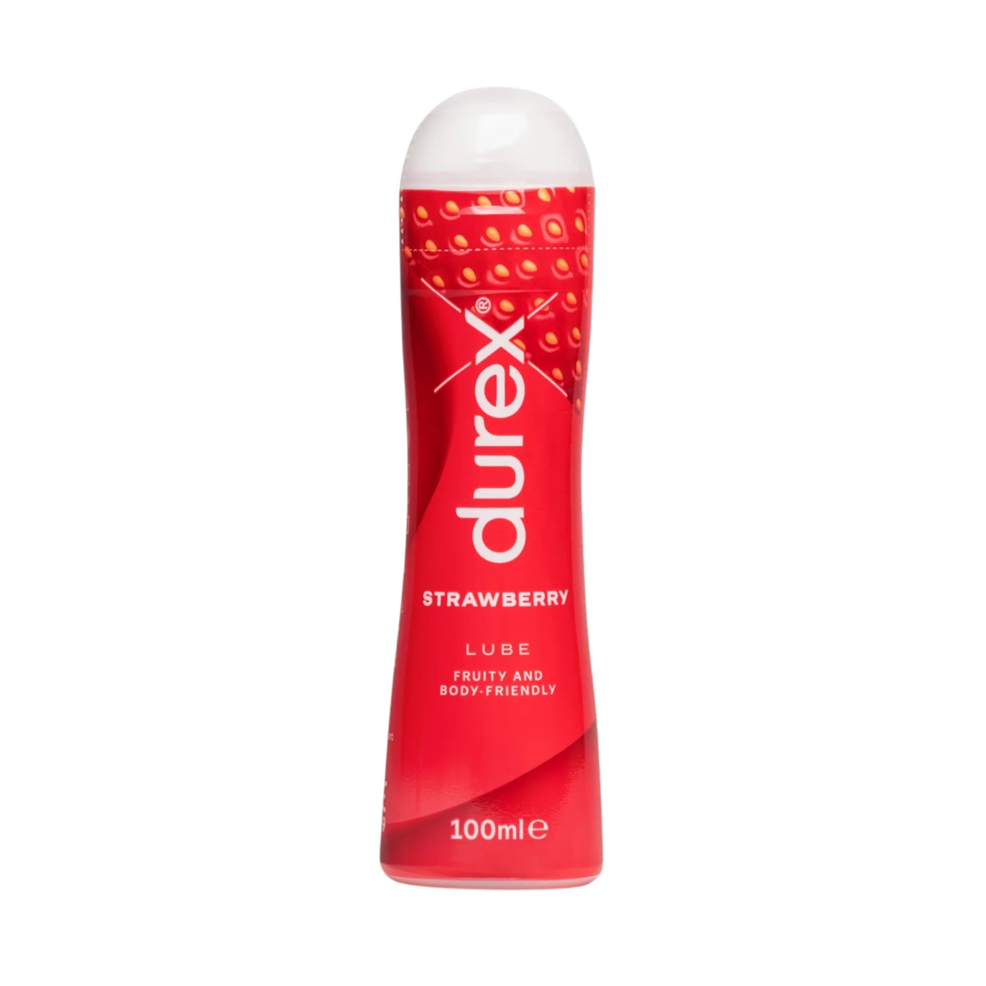 Durex Play Strawberry water-based lubricant 100ml bottle shown from front displaying white flip-top cap, bright red gel formula, Durex branding, 'Strawberry Lube' label, 'Fruity and Body-Friendly' text, and strawberry seed texture design against white background