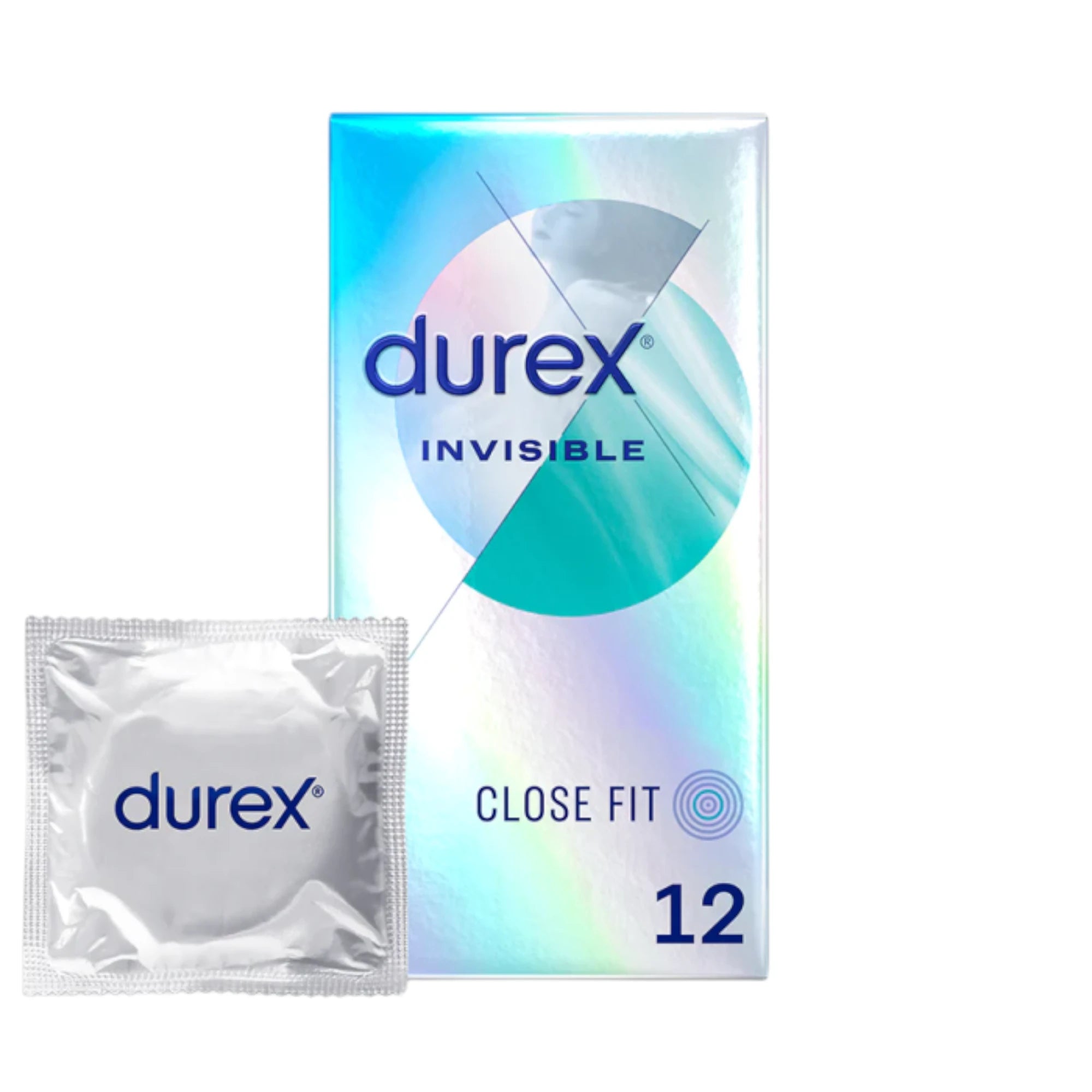 Durex Invisible Condoms packaging showing a box and a single foil packet on a plain white background.