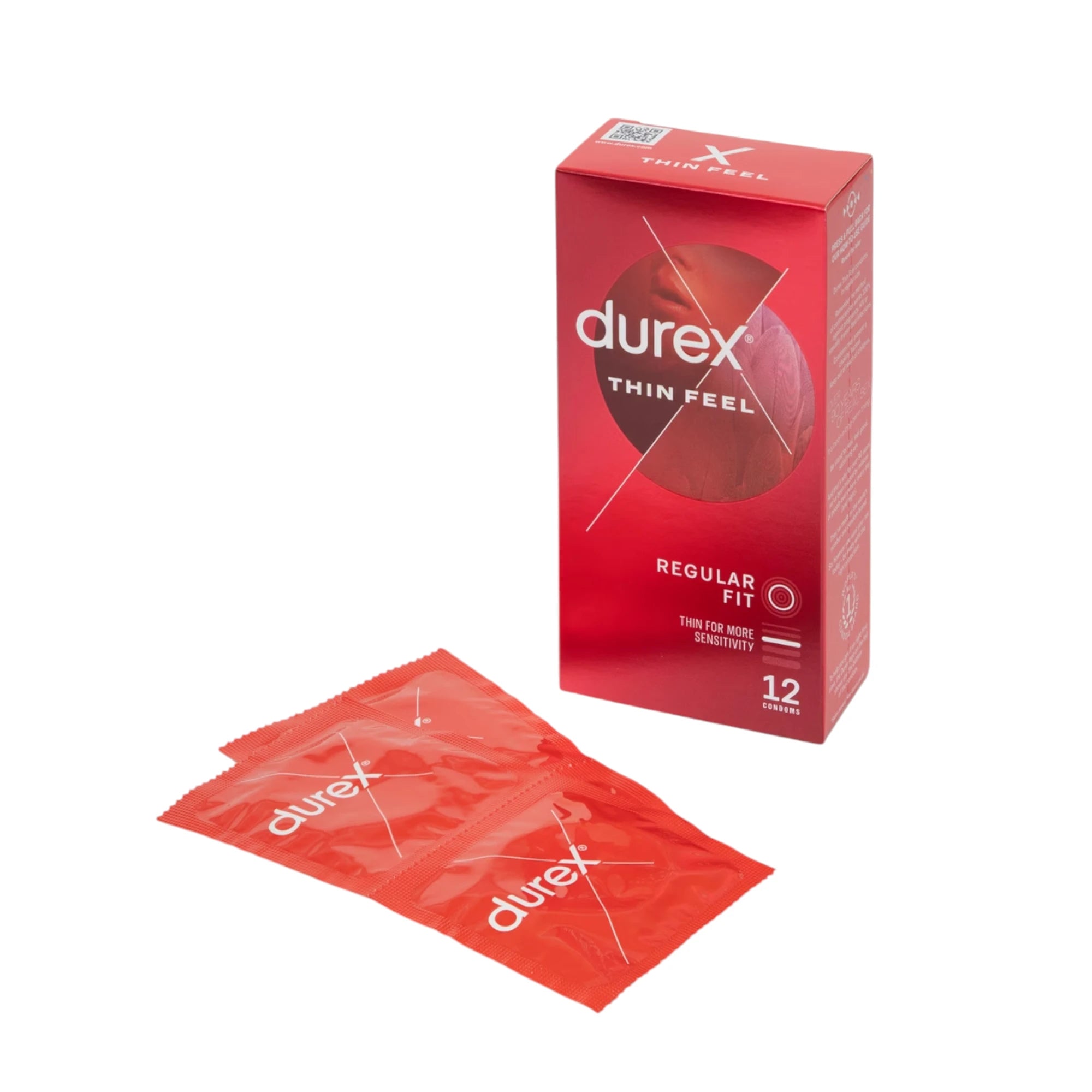 The Durex Thin Feel Latex Condoms 12 Pack retail box in red with ‘Durex Thin Feel’ branding, shown on a plain white background with two red foil condom wrappers in front.