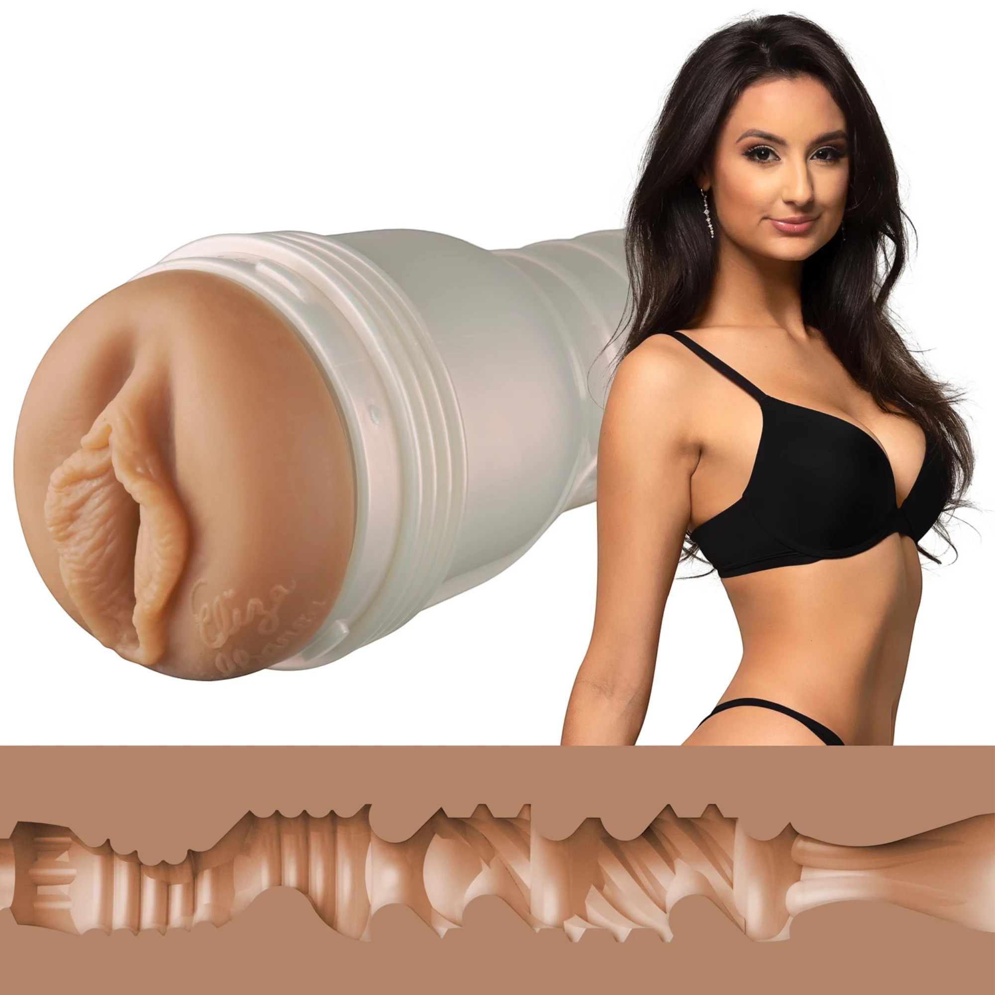 Fleshlight Girls Eliza Ibarra Ethereal Texture stroker toy with white cylindrical case displayed next to model portrait, showing textured internal sleeve detail at bottom against white background