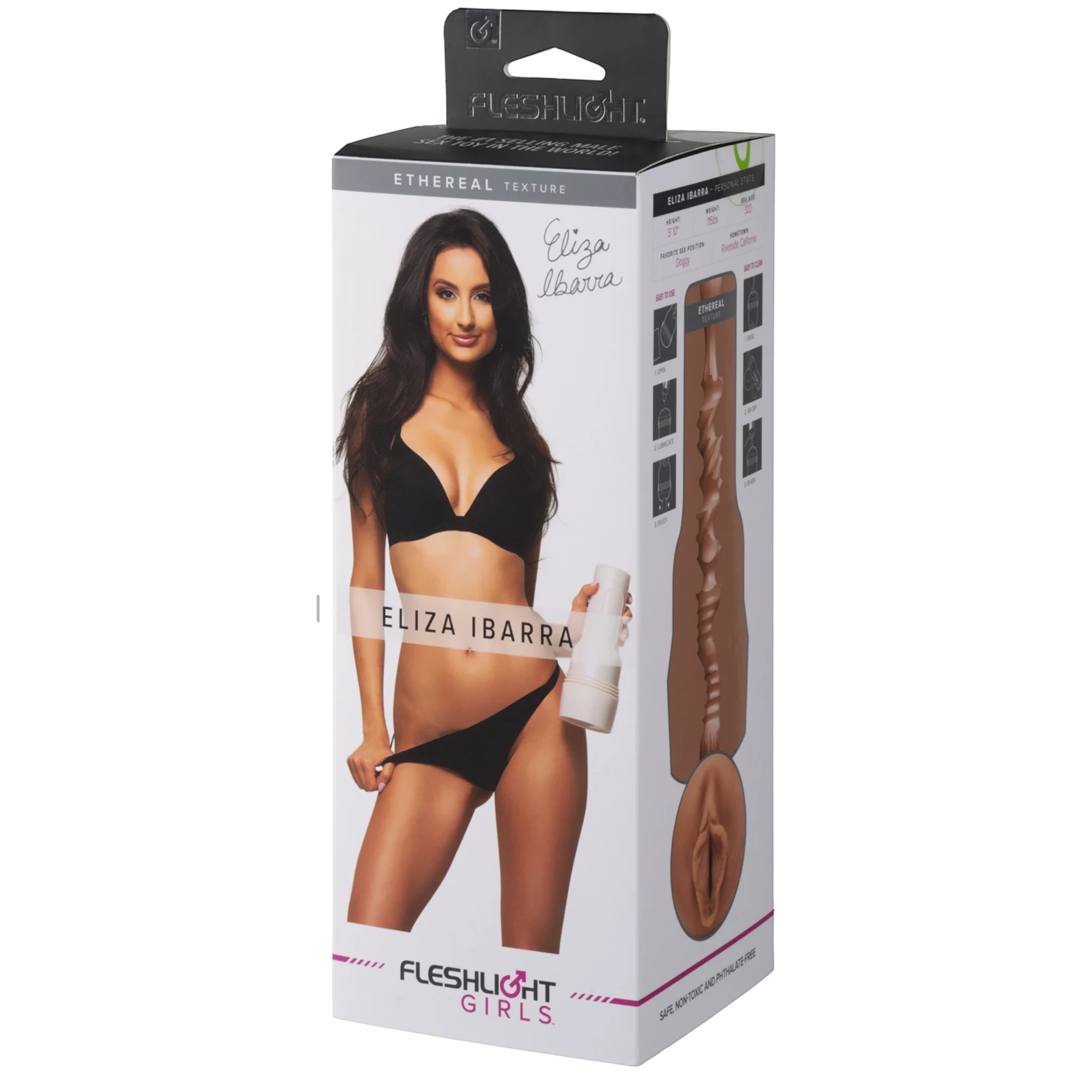 Fleshlight Girls Eliza Ibarra Ethereal Texture packaging box with grey header, white body featuring Eliza Ibarra portrait and signature, product texture details on right side, and Fleshlight Girls branding with pink accents against white background