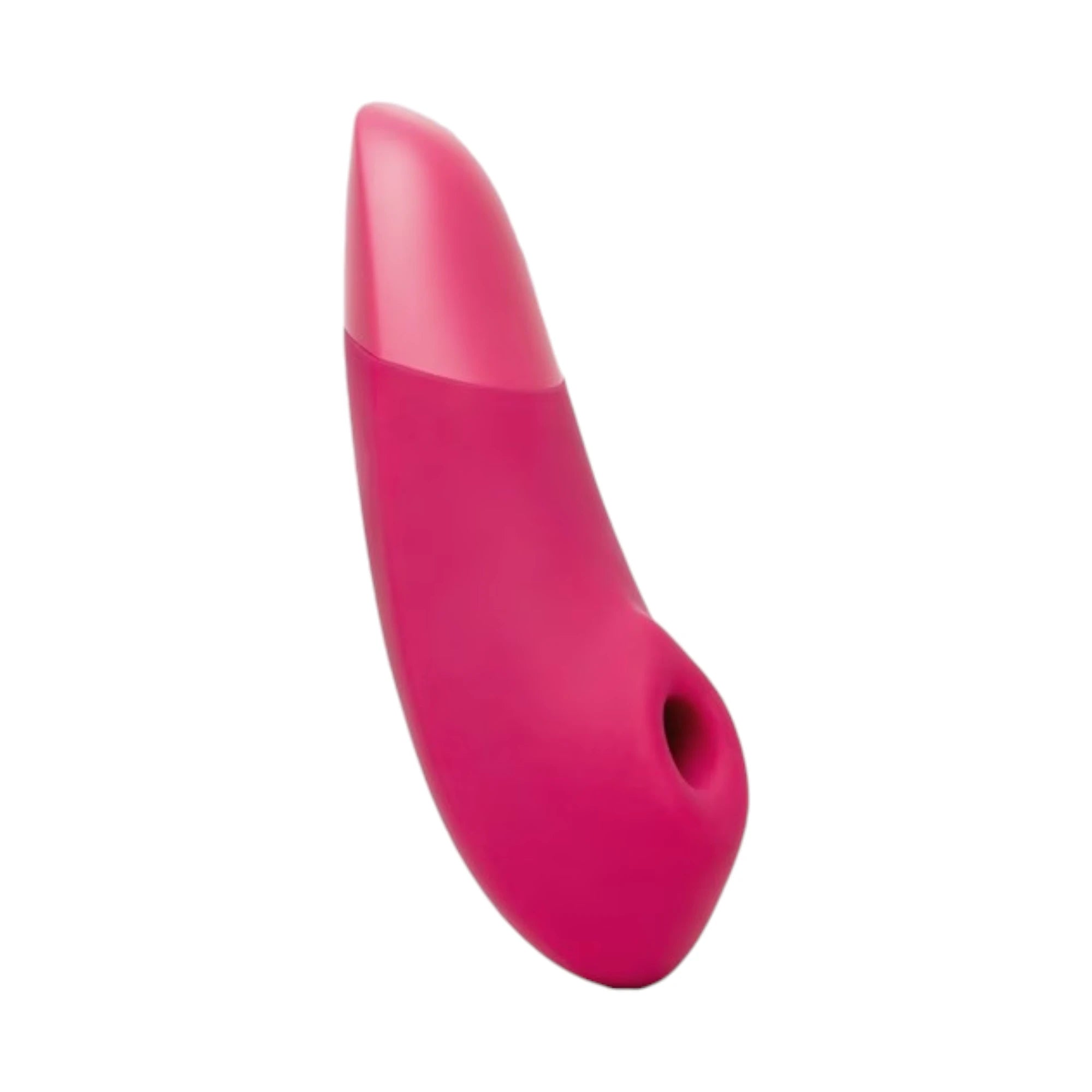 Womanizer Enhance Pleasure Air clitoral vibrator in pink, shown at an angled side view with a smooth curved body, lighter pink tip section and the Pleasure Air opening visible at the front against a white background