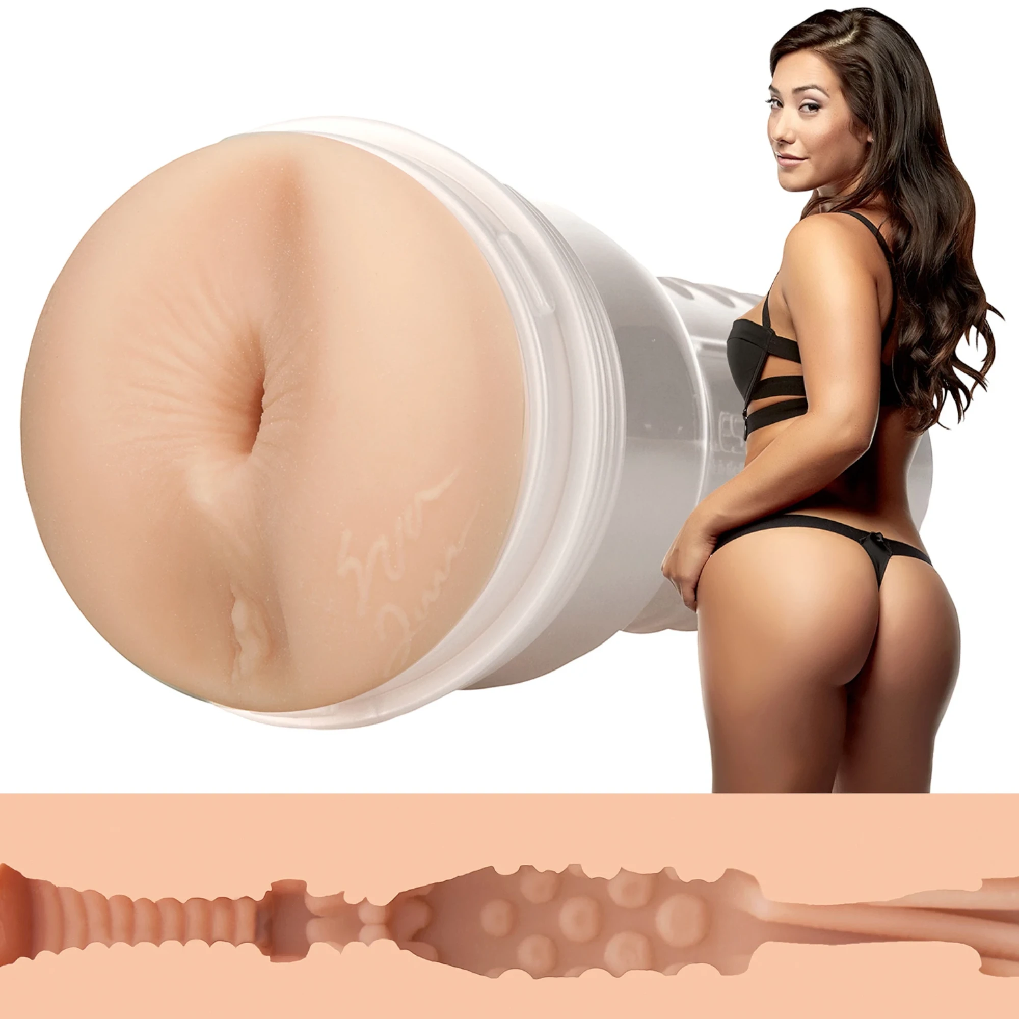 Fleshlight Girls Butt Eva Lovia Spice Texture stroker toy with white cylindrical case displayed next to model portrait, showing textured internal anal sleeve detail at bottom against white background