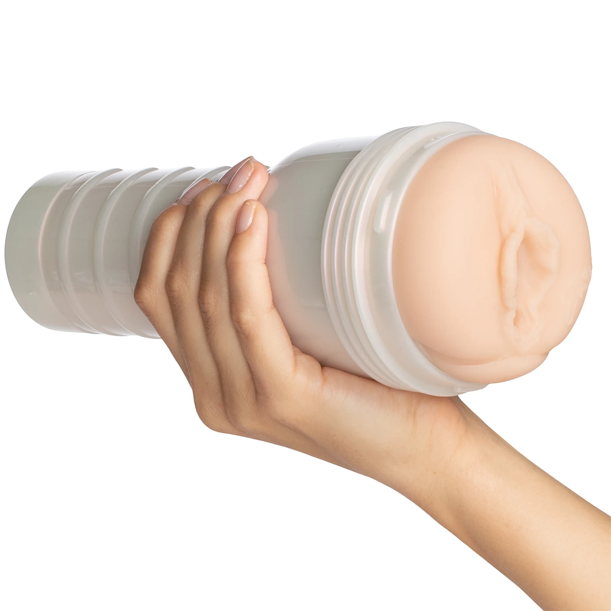 Fleshlight Emily Willis Squirt Texture stroker toy held in hand displaying white cylindrical case with ribbed grip and textured internal sleeve visible against white background