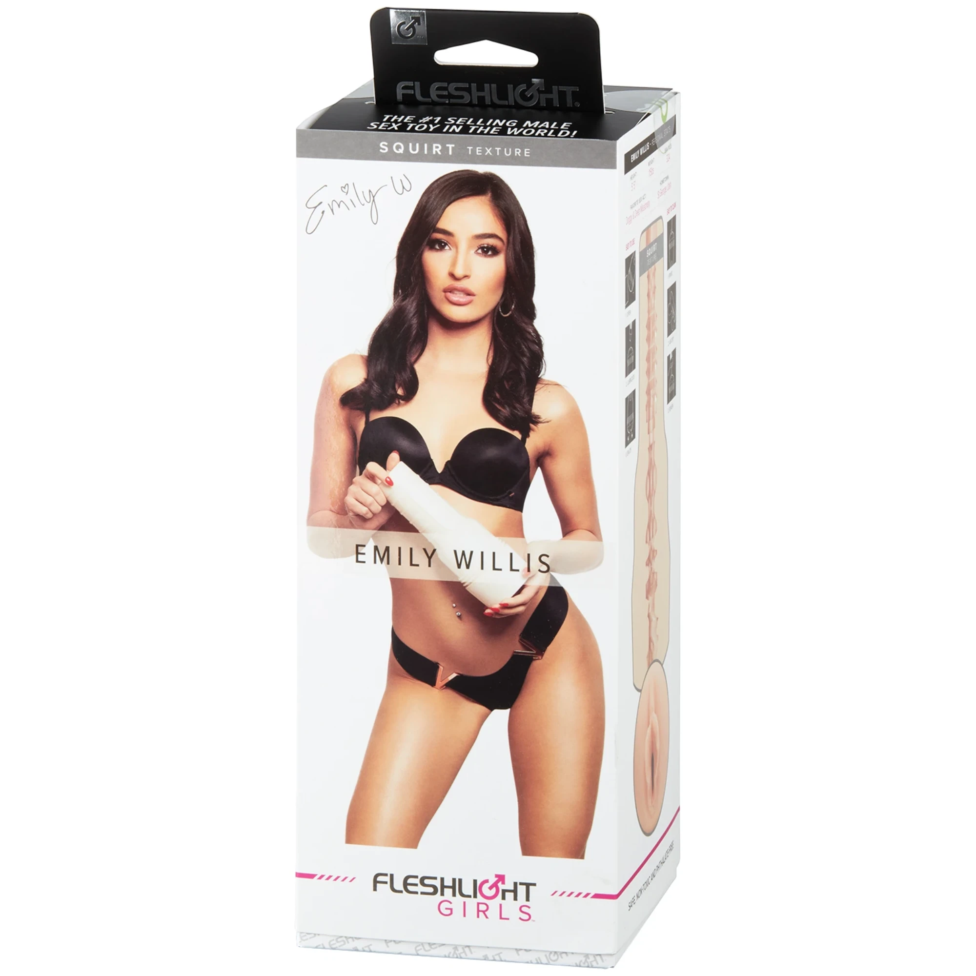 Fleshlight Girls Emily Willis Squirt Texture packaging box with grey header, white body featuring Emily Willis portrait and signature, product texture details on right side, and Fleshlight Girls branding with pink accents against white background