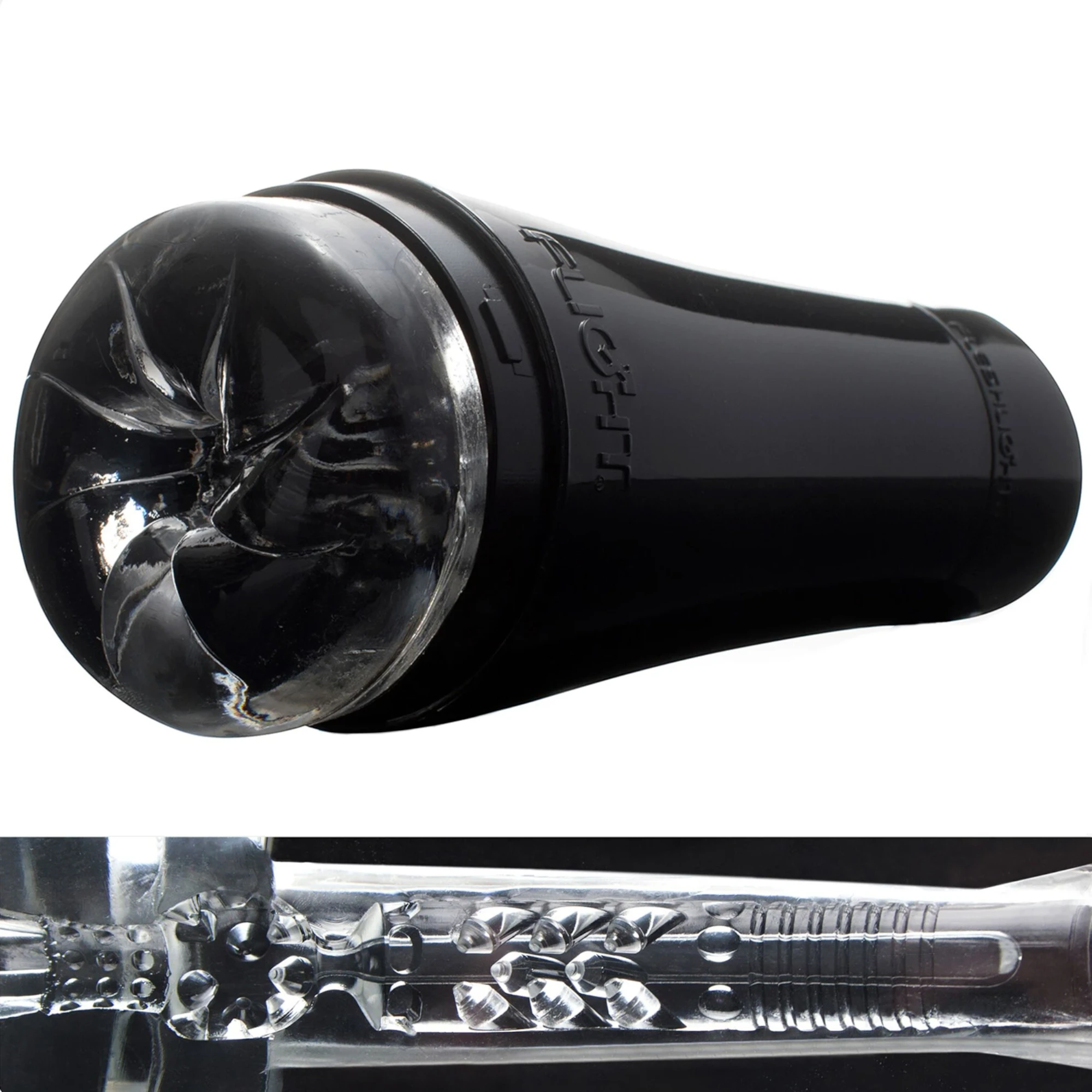 Fleshlight Flight Pilot black male masturbator shown from side displaying cylindrical black outer sleeve with textured grip, clear removable cap, and close-up detail of internal textured chamber with multiple ridges and nodules against white background